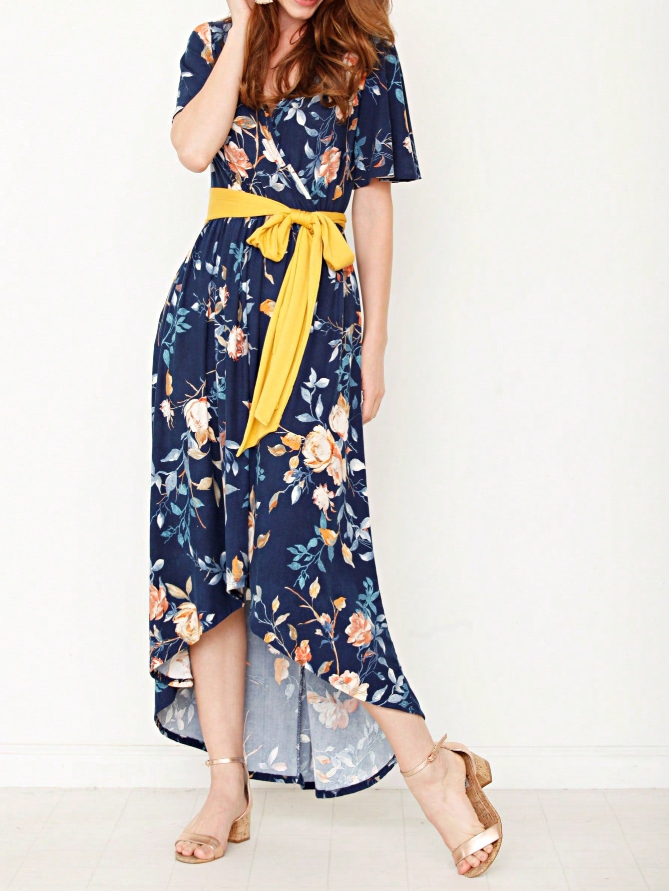 Contrast Surplice Ditsy Floral Midi Dress With Sash | 2 Colors | S-3X