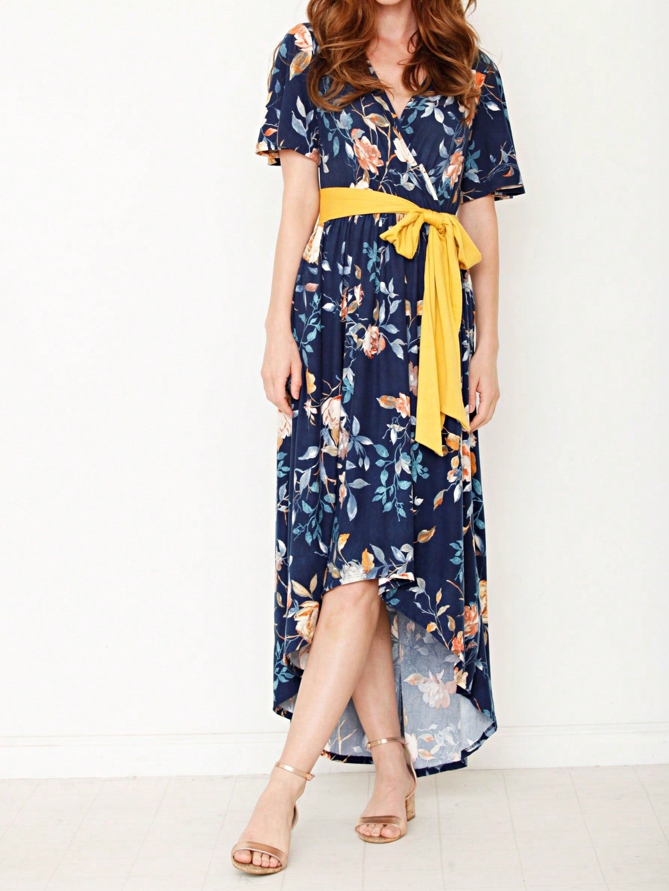 Contrast Surplice Ditsy Floral Midi Dress With Sash | 2 Colors | S-3X
