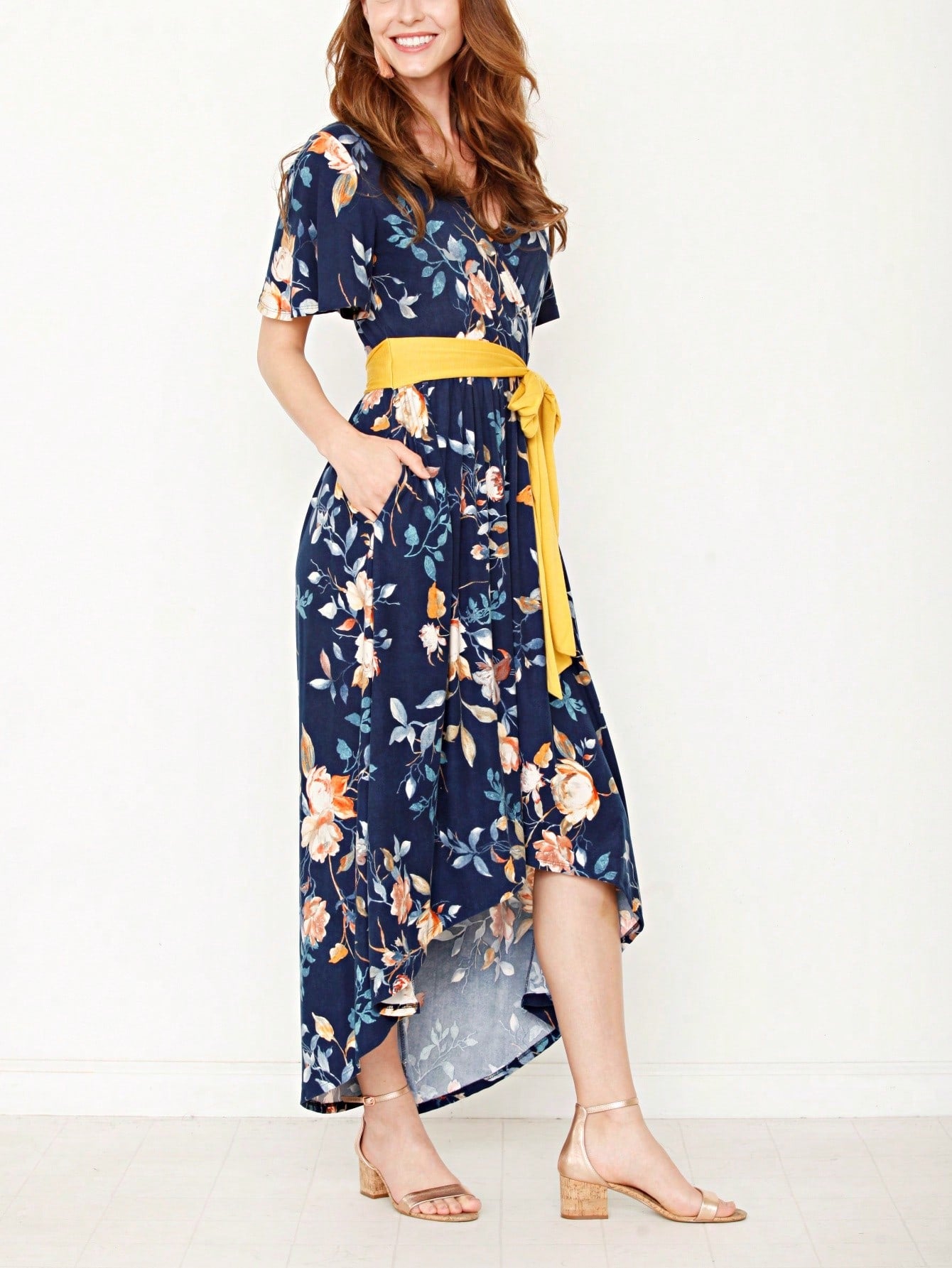 Contrast Surplice Ditsy Floral Midi Dress With Sash | 2 Colors | S-3X