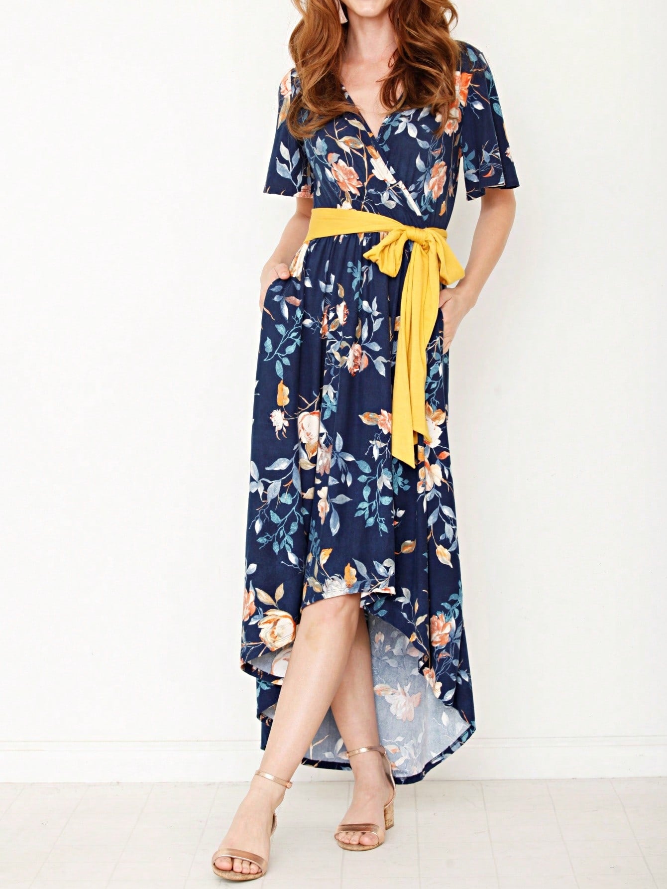 Contrast Surplice Ditsy Floral Midi Dress With Sash | 2 Colors | S-3X