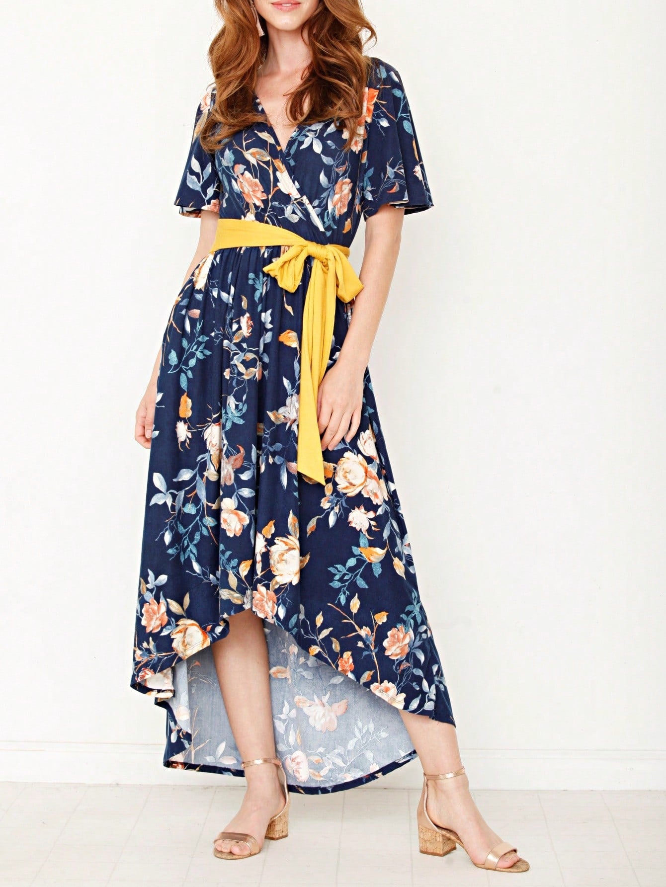 Contrast Surplice Ditsy Floral Midi Dress With Sash | 2 Colors | S-3X