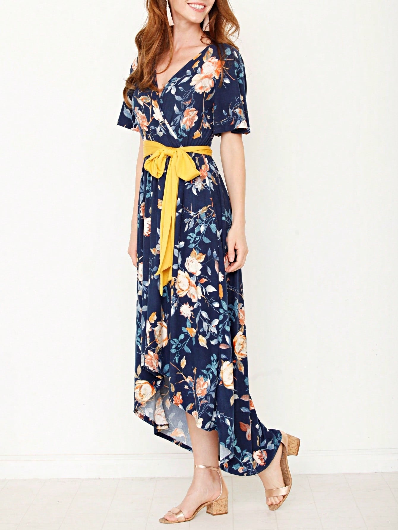 Contrast Surplice Ditsy Floral Midi Dress With Sash | 2 Colors | S-3X