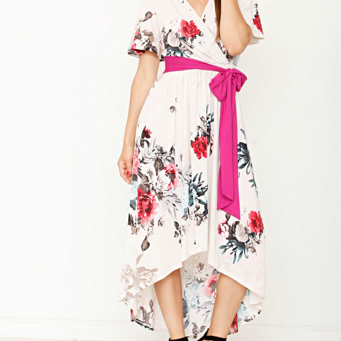 Contrast Surplice Ditsy Floral Midi Dress With Sash | 2 Colors | S-3X