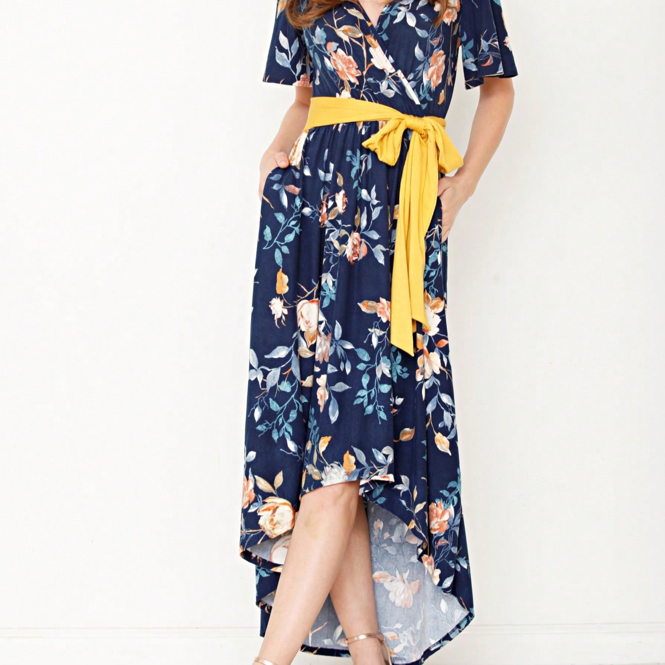 Contrast Surplice Ditsy Floral Midi Dress With Sash | 2 Colors | S-3X