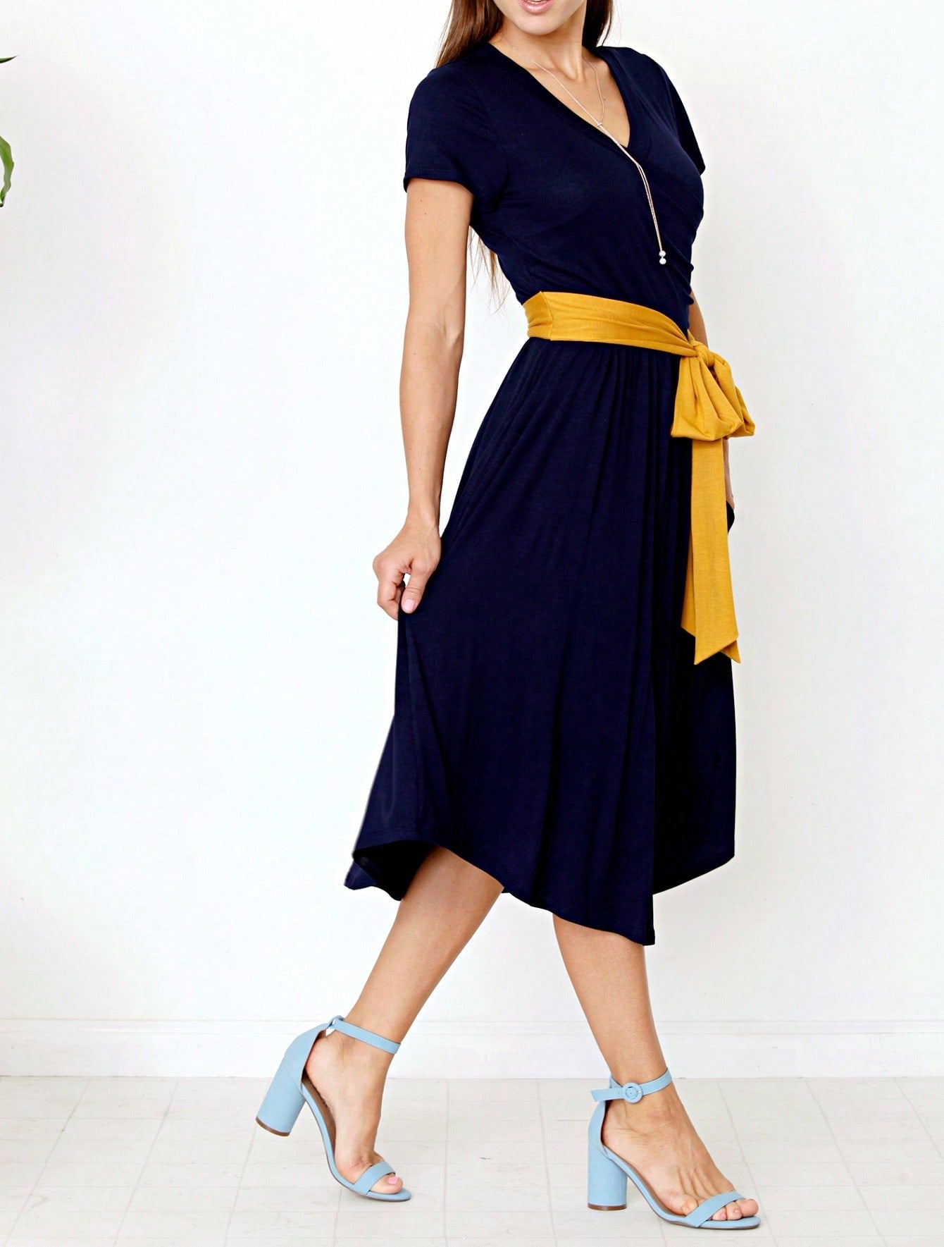 Contrast Surplice Ditsy Floral Midi Dress With Sash | 2 Colors | S-3X