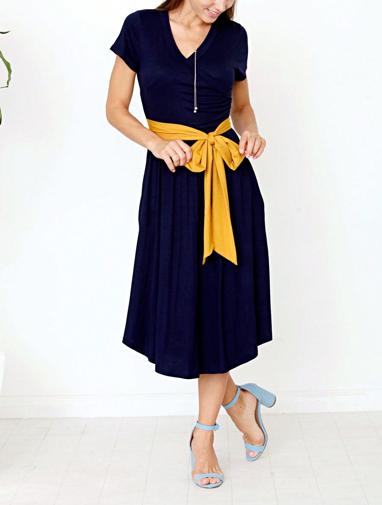 Contrast Surplice Ditsy Floral Midi Dress With Sash | 2 Colors | S-3X