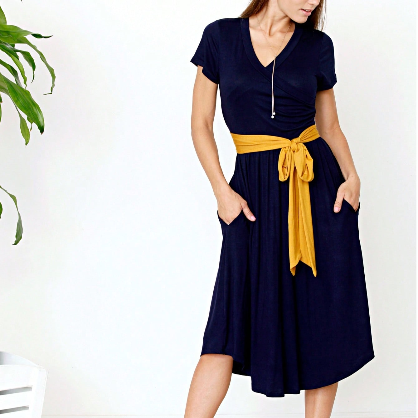 Contrast Surplice Ditsy Floral Midi Dress With Sash | 2 Colors | S-3X