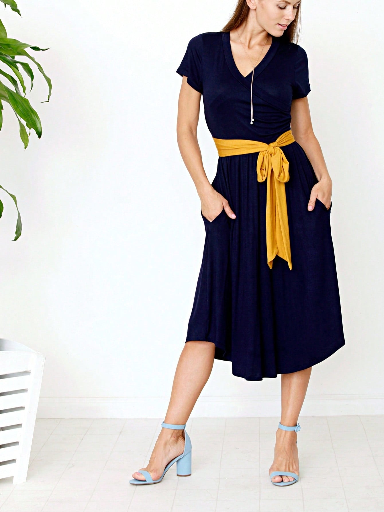 Contrast Surplice Ditsy Floral Midi Dress With Sash | 2 Colors | S-3X