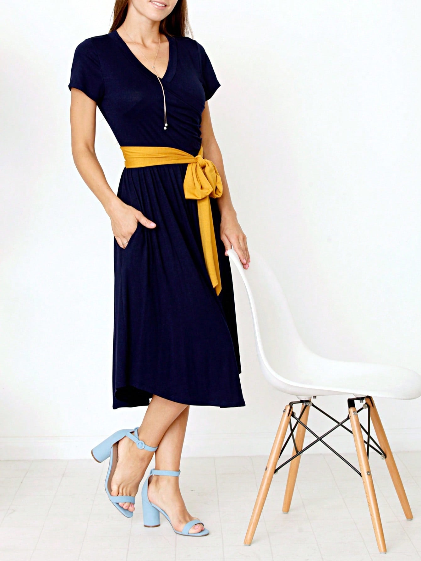 Contrast Surplice Ditsy Floral Midi Dress With Sash | 2 Colors | S-3X