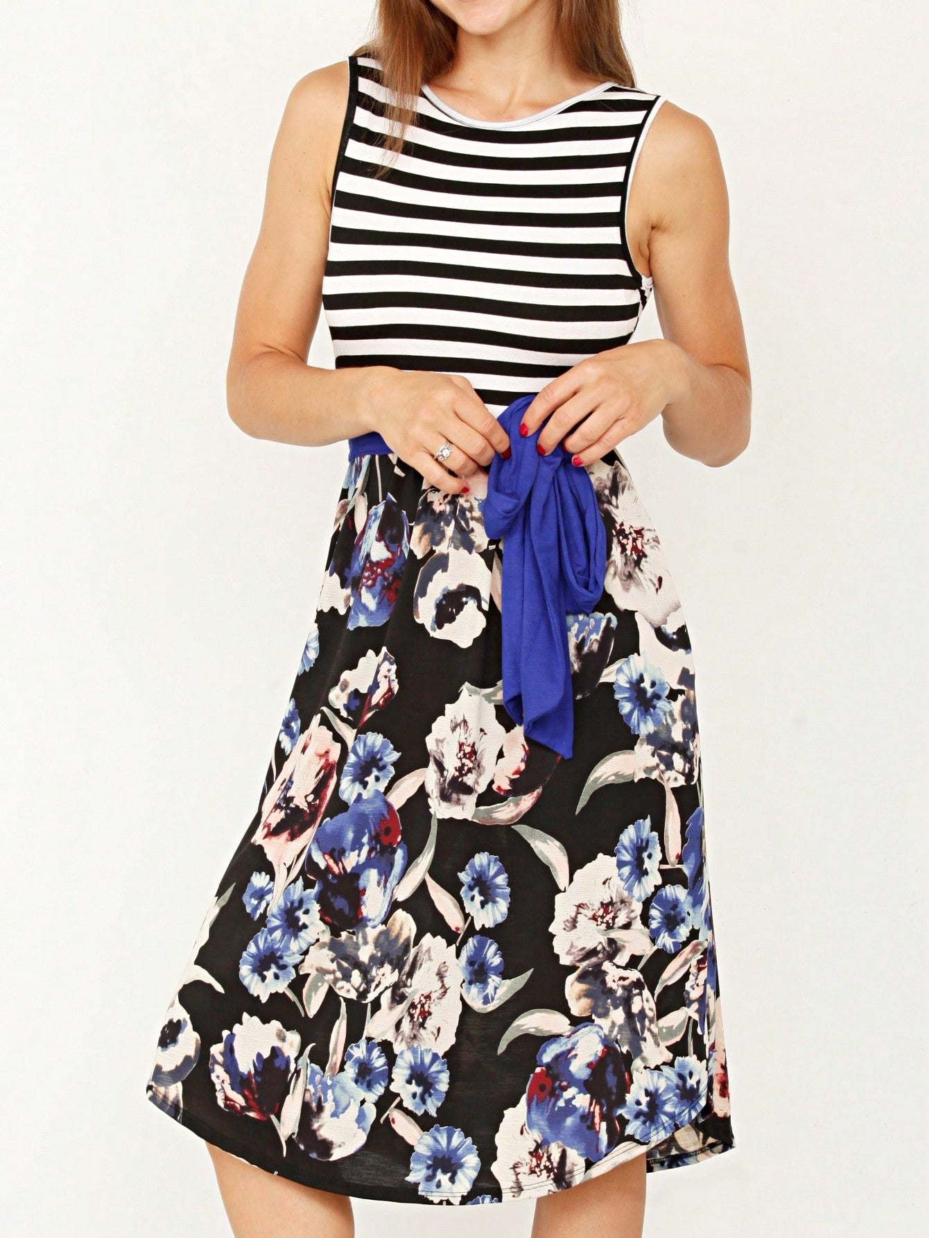 Contrast Surplice Ditsy Floral Midi Dress With Sash | 2 Colors | S-3X