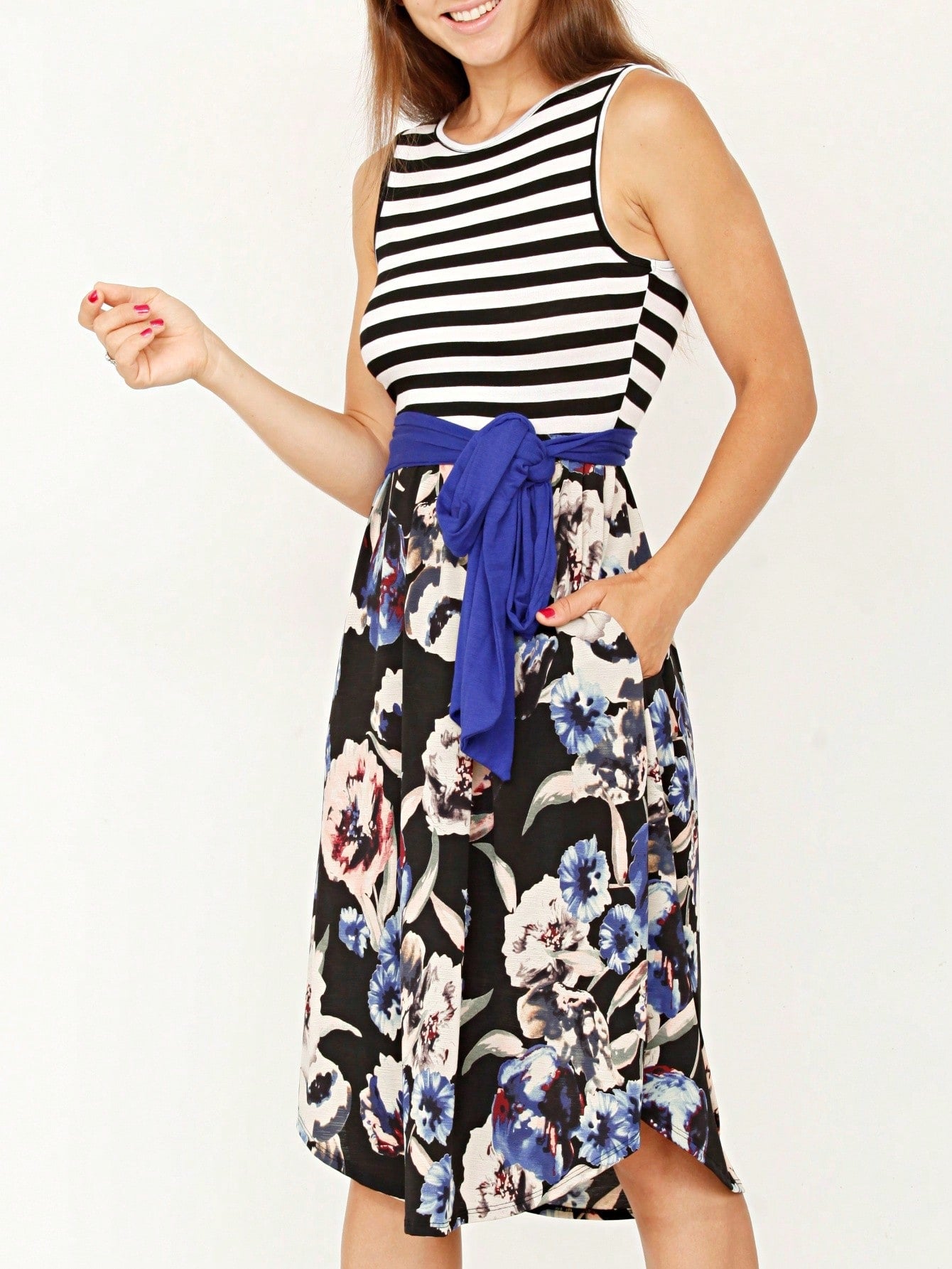 Contrast Surplice Ditsy Floral Midi Dress With Sash | 2 Colors | S-3X