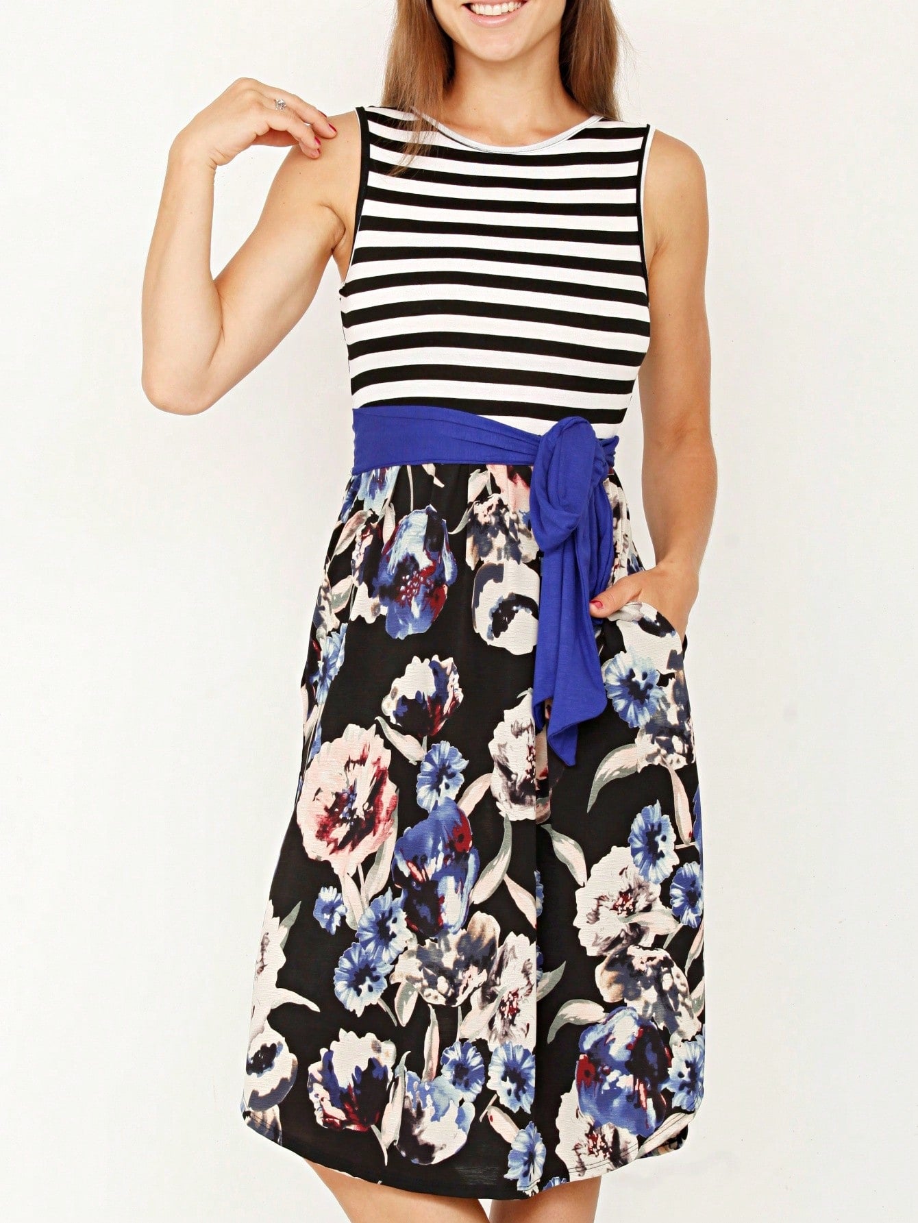 Contrast Surplice Ditsy Floral Midi Dress With Sash | 2 Colors | S-3X