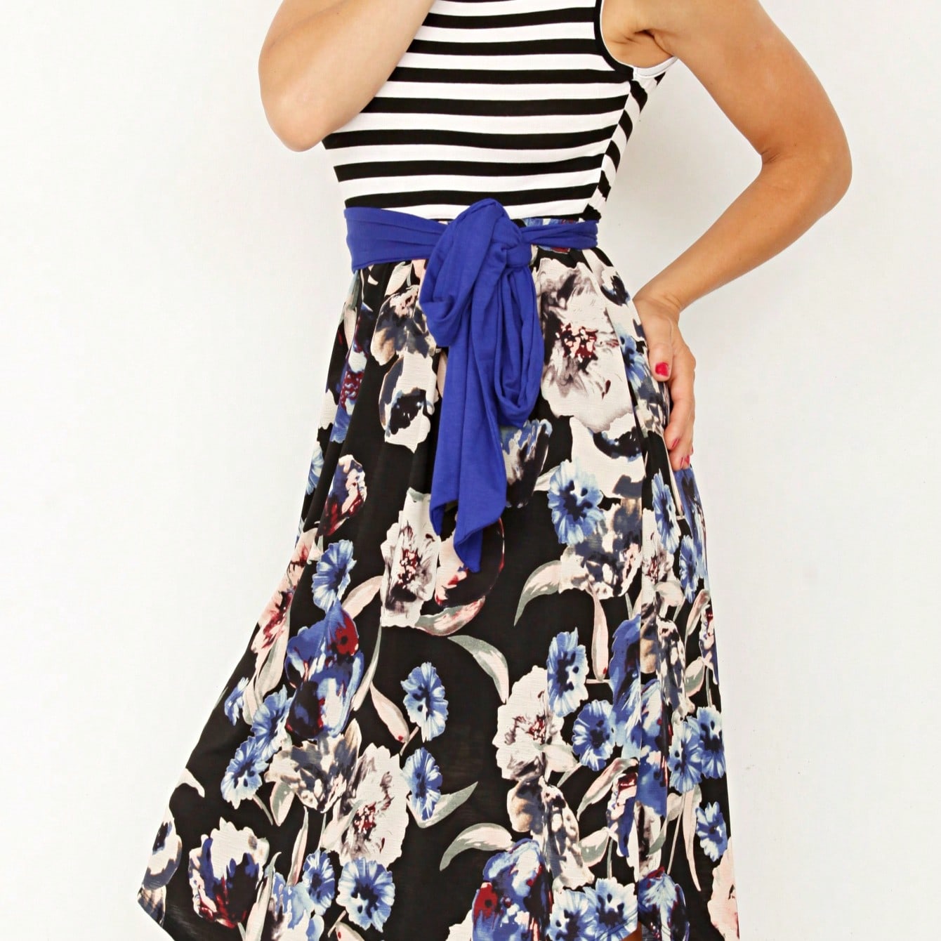 Contrast Surplice Ditsy Floral Midi Dress With Sash | 2 Colors | S-3X