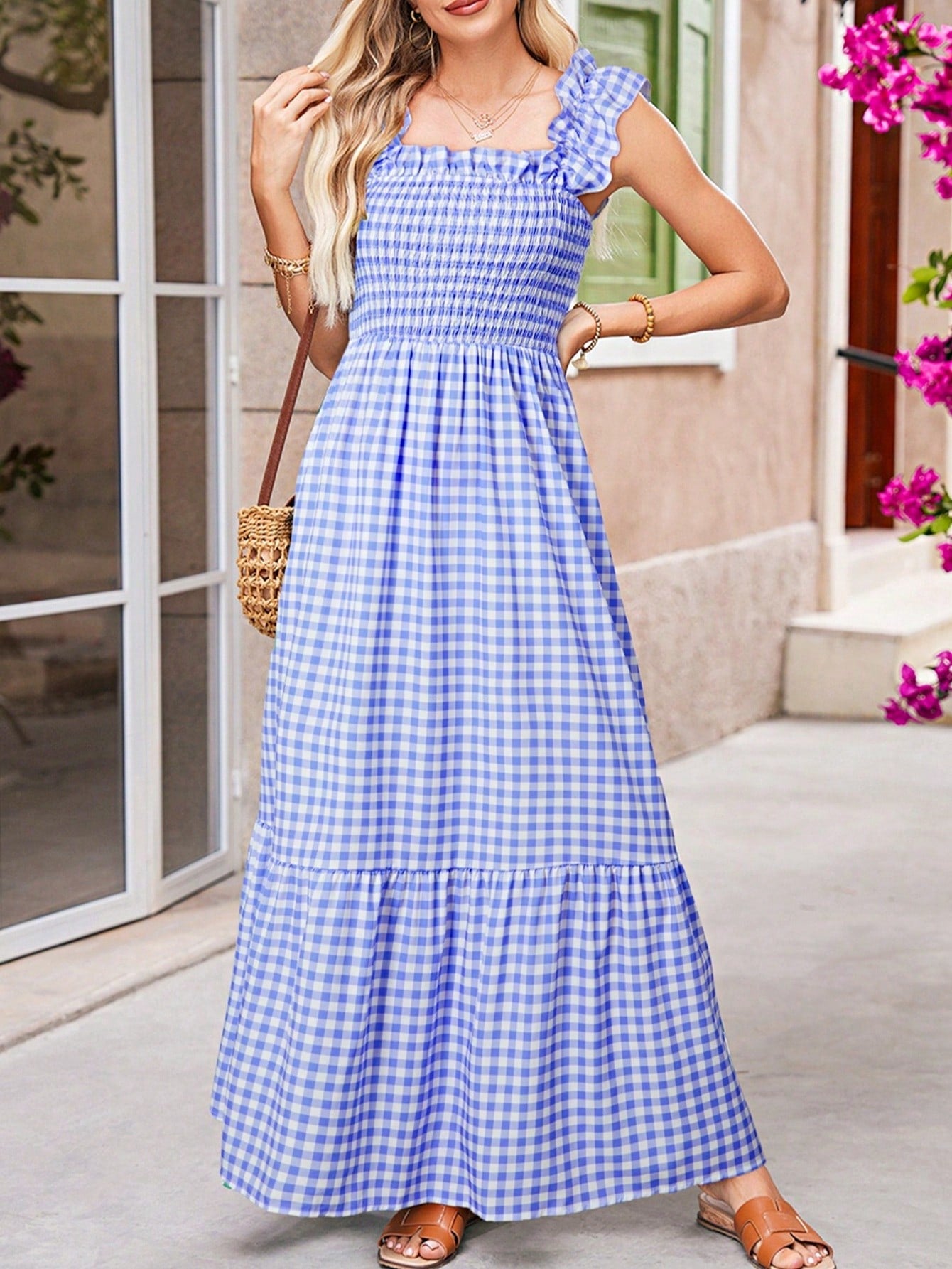 Boho Vacation Blue  Elegant Classic Tiered Maxi Long Shirt  Dress With Belt  Versatile Summer Dress For Women