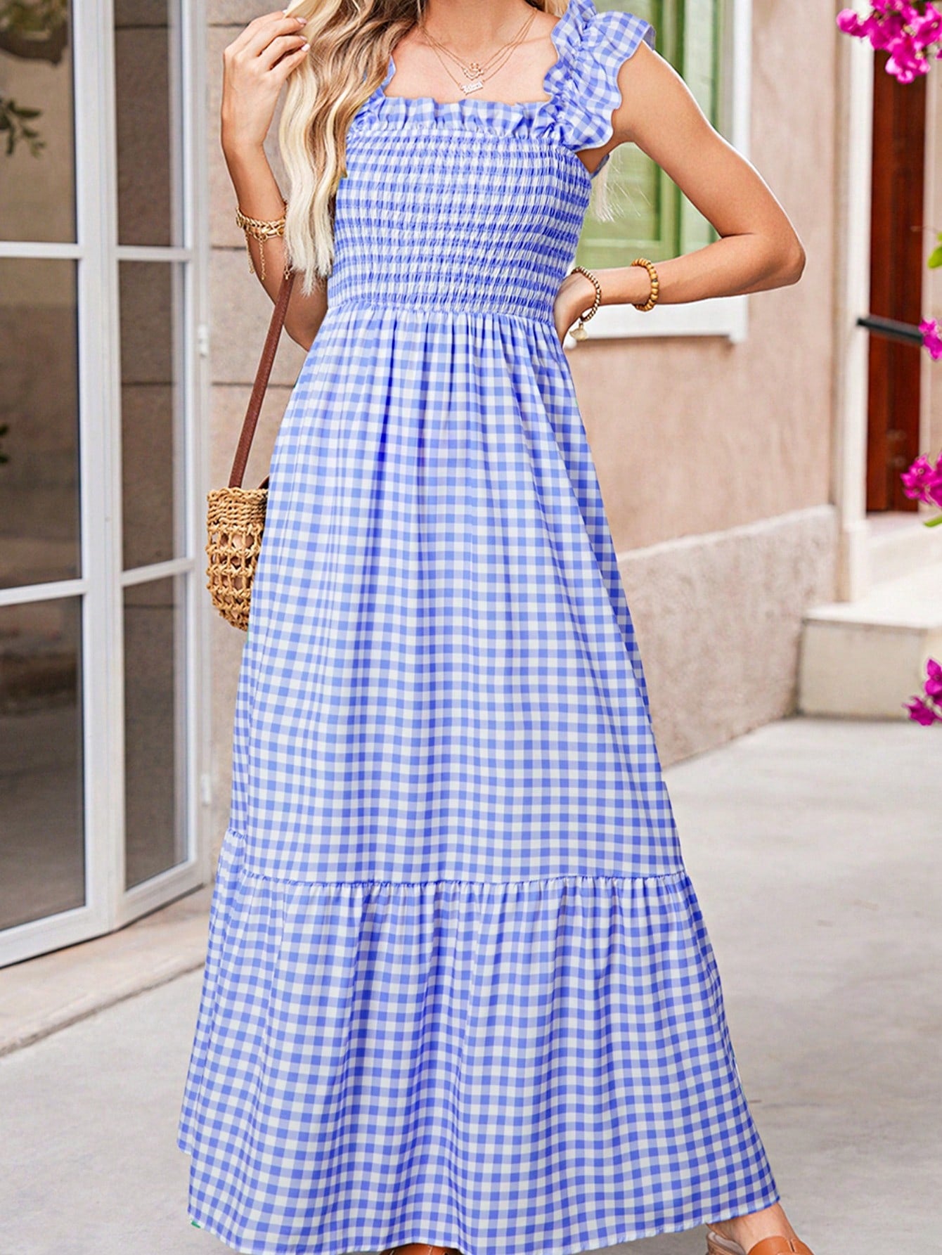 Boho Vacation Blue  Elegant Classic Tiered Maxi Long Shirt  Dress With Belt  Versatile Summer Dress For Women
