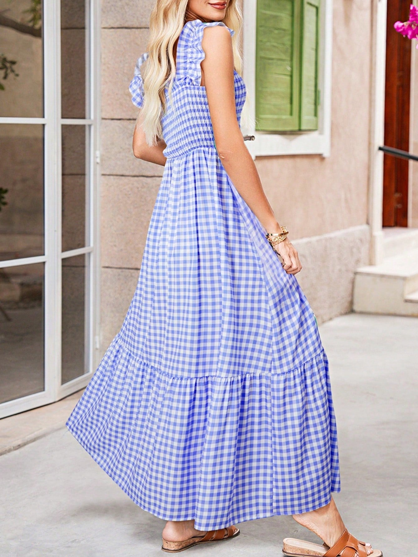 Boho Vacation Blue  Elegant Classic Tiered Maxi Long Shirt  Dress With Belt  Versatile Summer Dress For Women