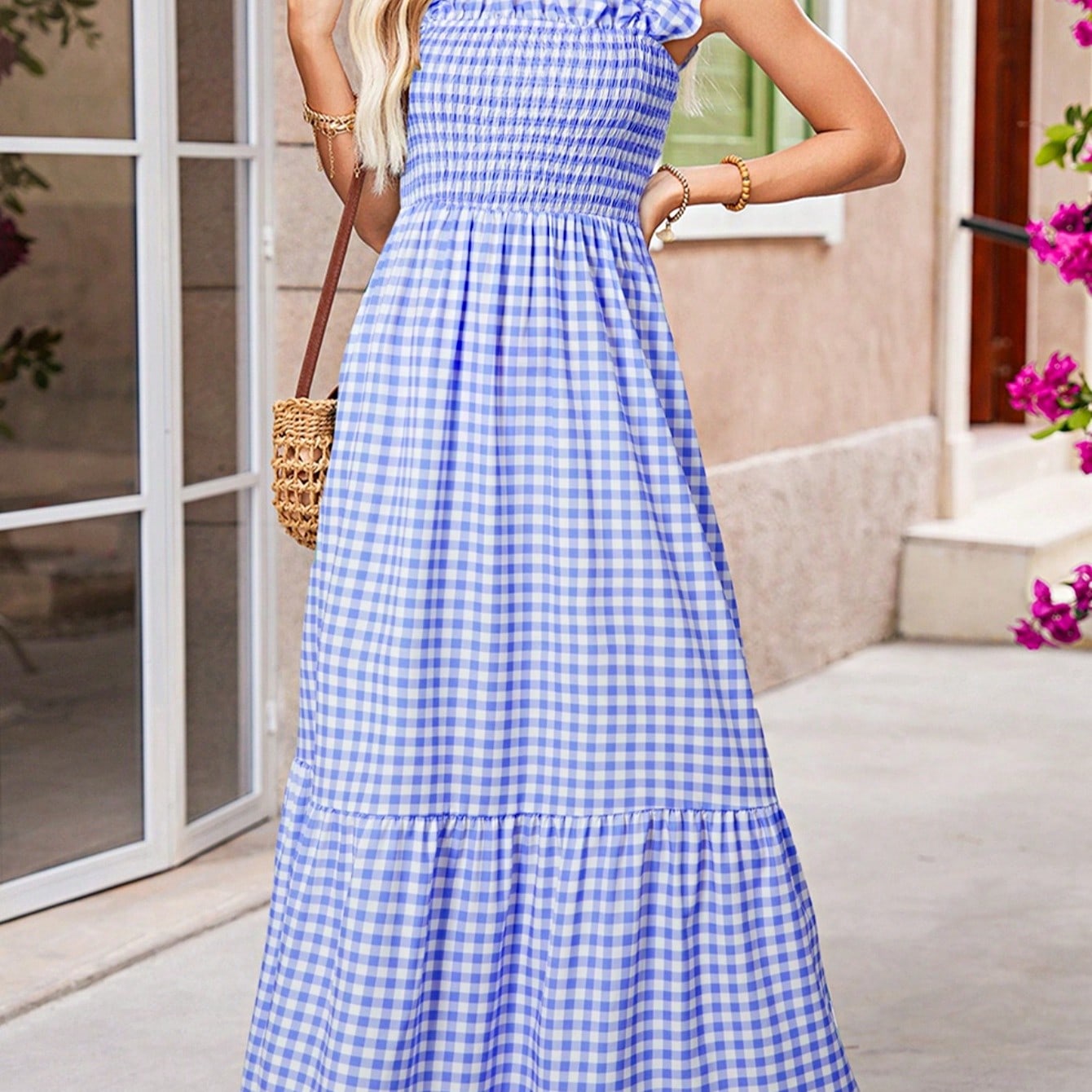 Boho Vacation Blue  Elegant Classic Tiered Maxi Long Shirt  Dress With Belt  Versatile Summer Dress For Women