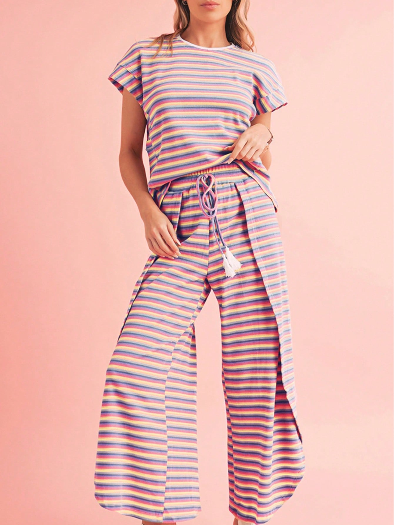 Boho Retro 90's Cotton Stripe Button Drop Shoulder Dolman Henley Top & Pants Shorts Set