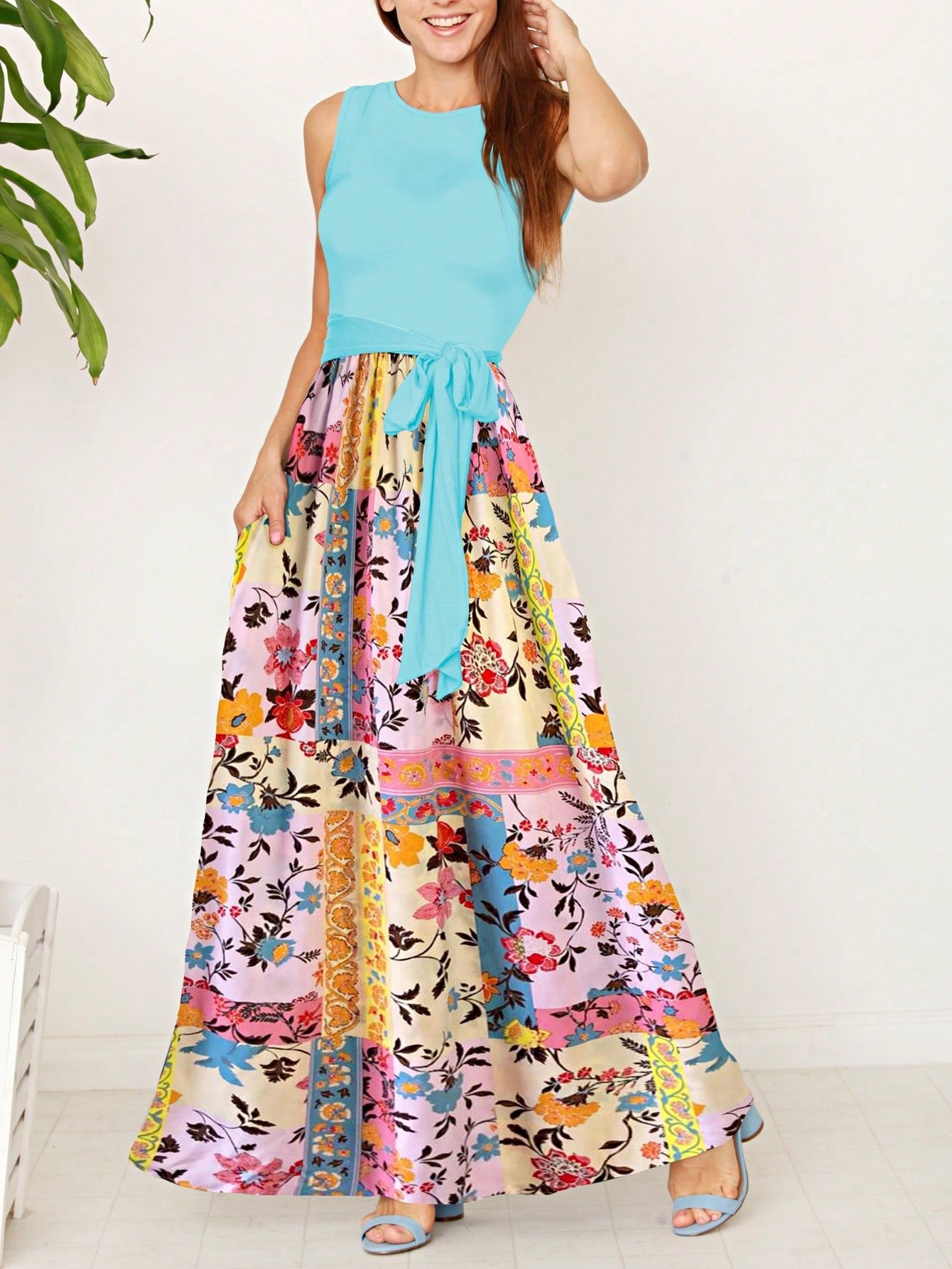 Elegant Floral Maxi Dress With Plunging Neckline Short Sleeve Surplice Sash Versatile Summer Dress For Women