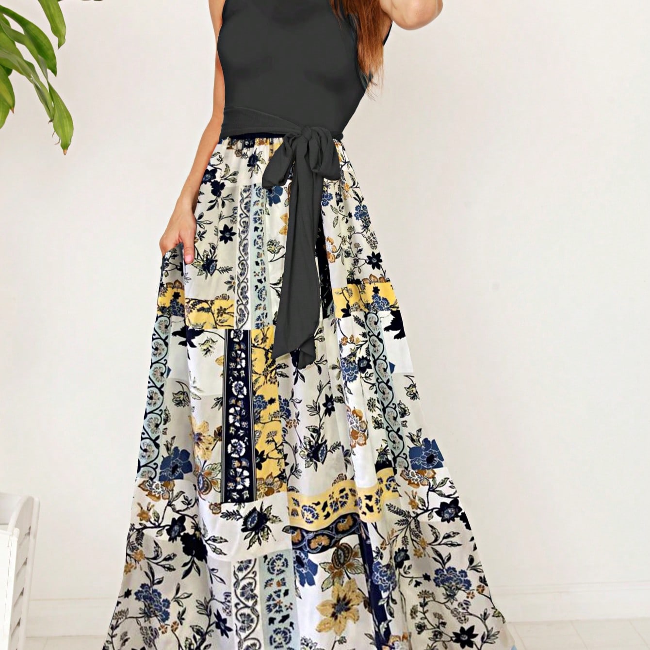 Elegant Floral Maxi Dress With Plunging Neckline Short Sleeve Surplice Sash Versatile Summer Dress For Women
