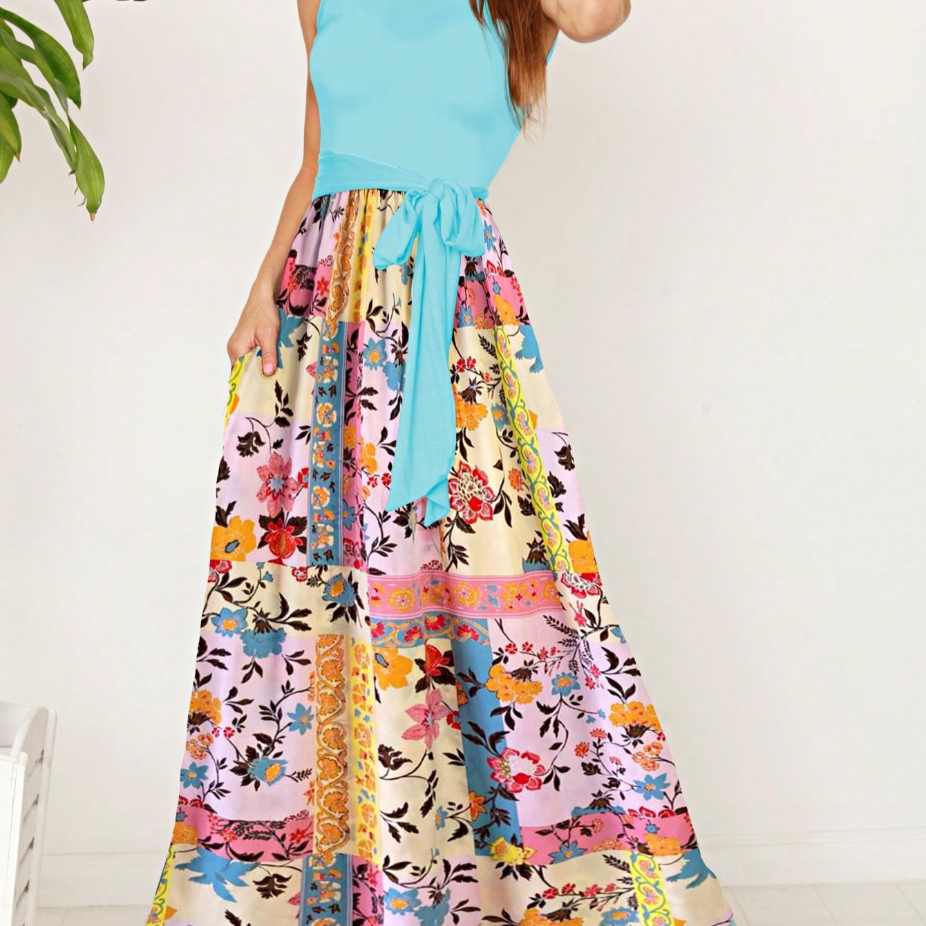 Elegant Floral Maxi Dress With Plunging Neckline Short Sleeve Surplice Sash Versatile Summer Dress For Women