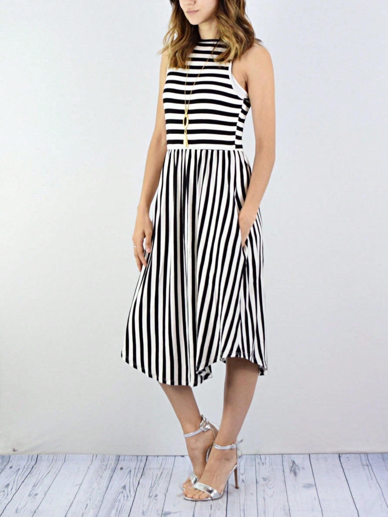 Grey Stripe Ditsy Floral Leaves Tropical  Halter Neck Tie Sash  Ruffle Tiered Midi Dress Swing Southern Cruise Dress | Small -3 XL Plus