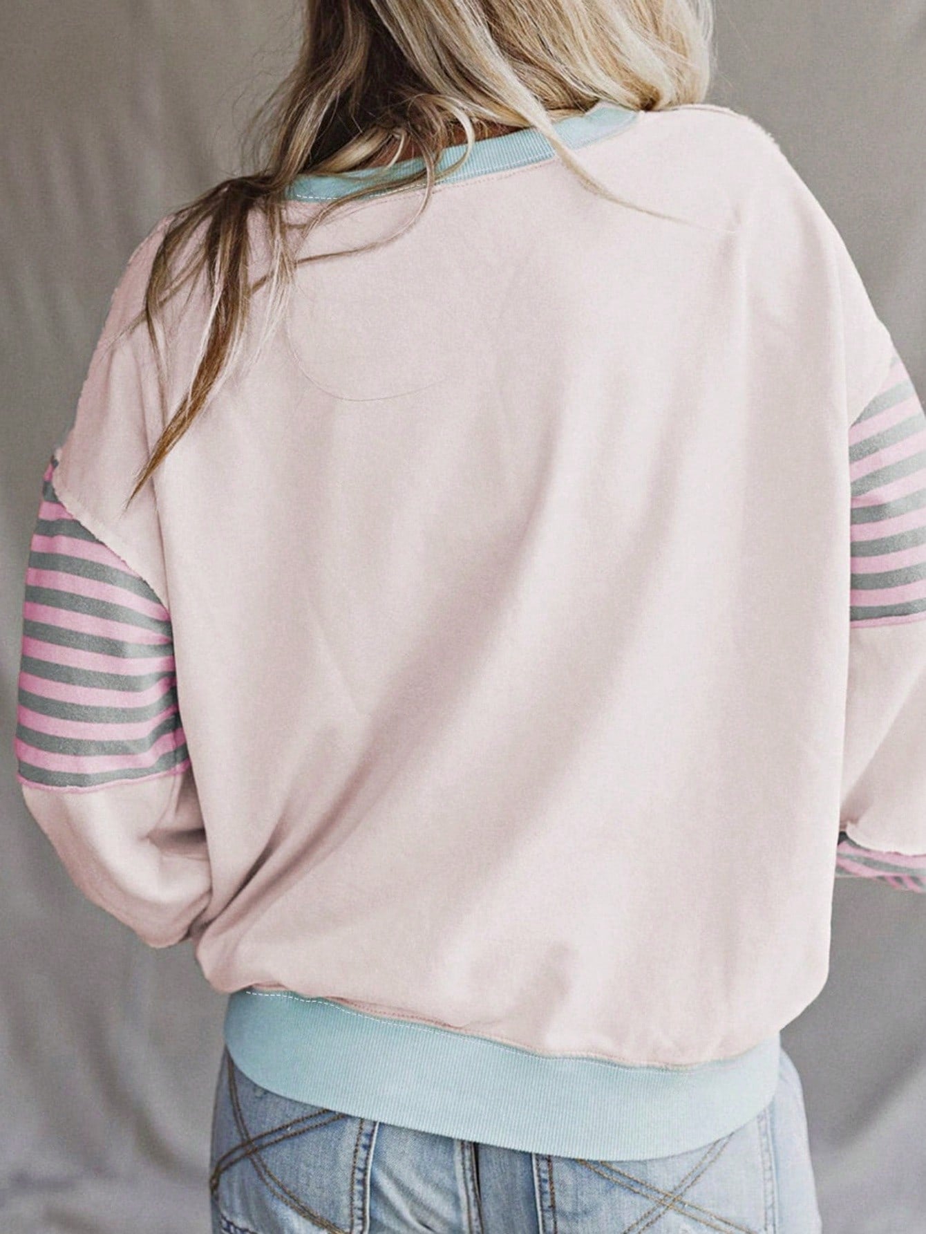 Boho Retro Cream Beige Vintage 90's Star Jean Patch Cotton Mix Long Sleeve Top Pull Over Dolman Sleeve Sweatshirt Pullover