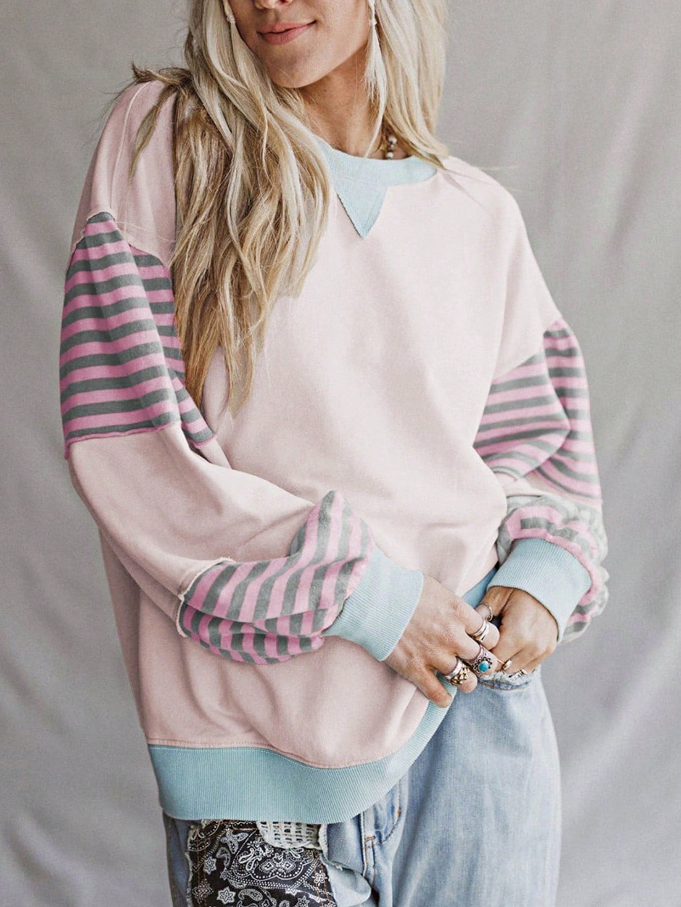Boho Retro Cream Beige Vintage 90's Star Jean Patch Cotton Mix Long Sleeve Top Pull Over Dolman Sleeve Sweatshirt Pullover
