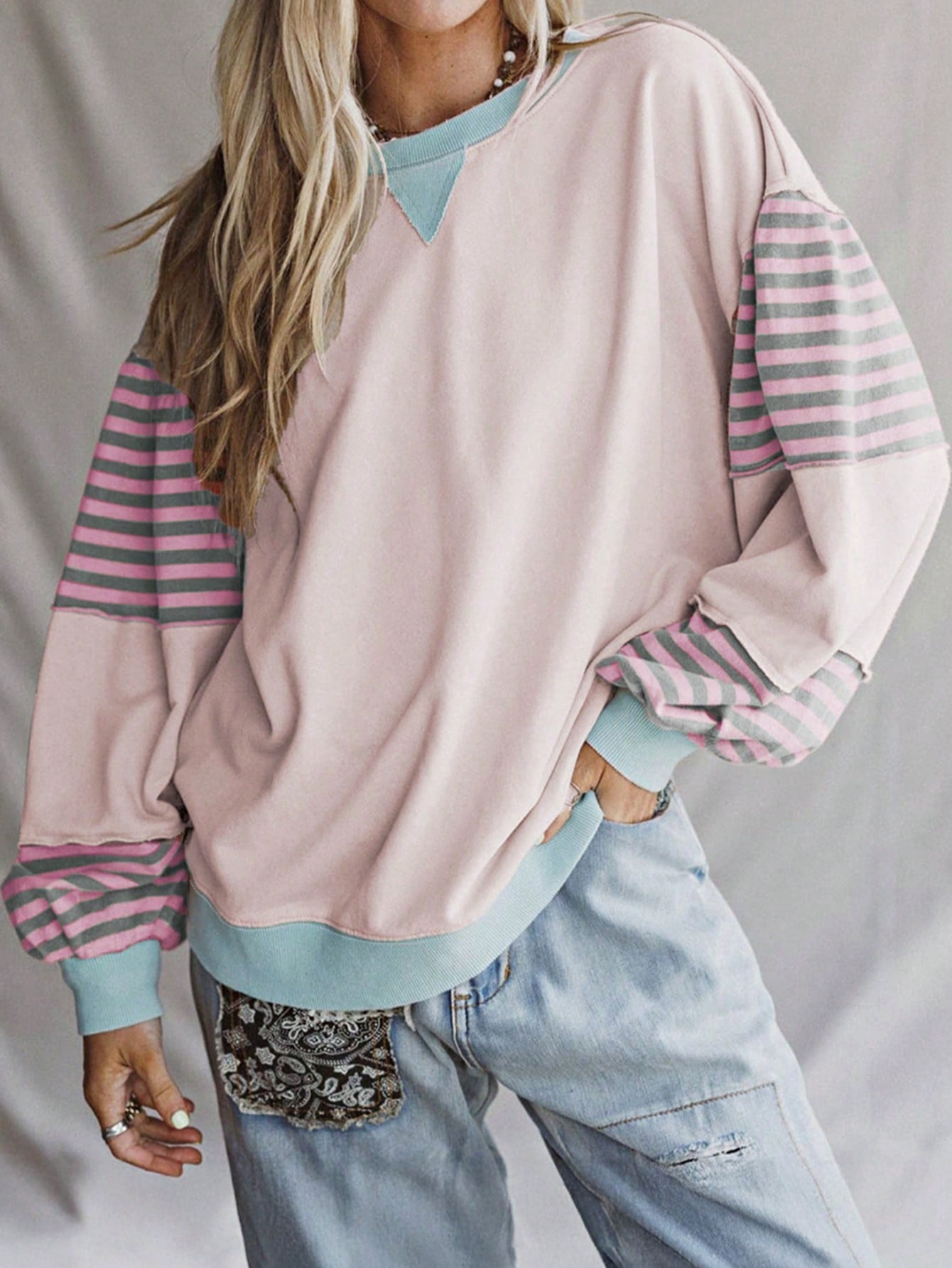 Boho Retro Cream Beige Vintage 90's Star Jean Patch Cotton Mix Long Sleeve Top Pull Over Dolman Sleeve Sweatshirt Pullover