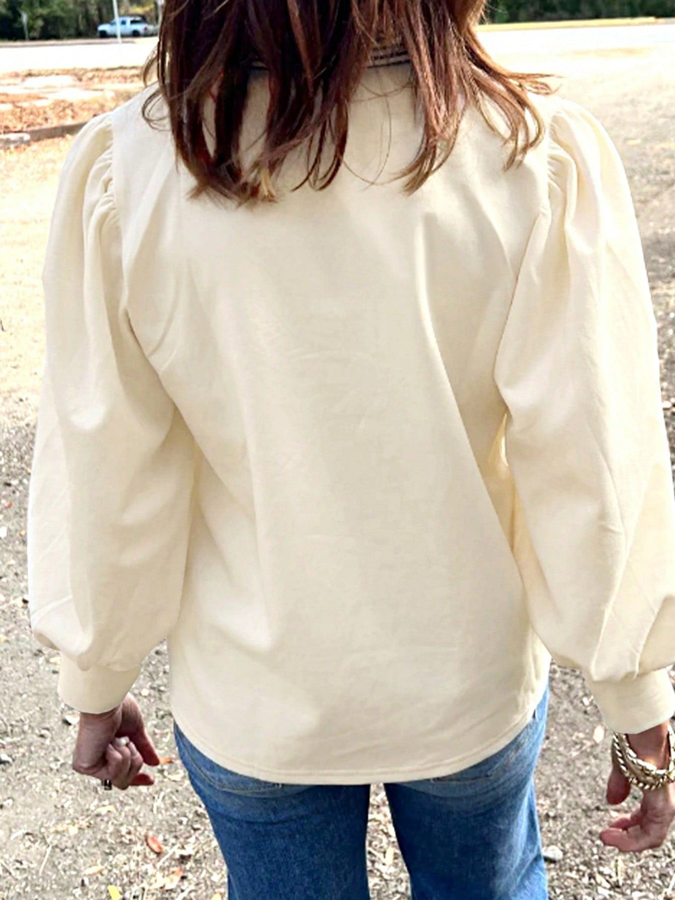 Boho Retro Cream Beige Vintage 90's Star Jean Patch Cotton Mix Long Sleeve Top Pull Over Dolman Sleeve Sweatshirt Pullover