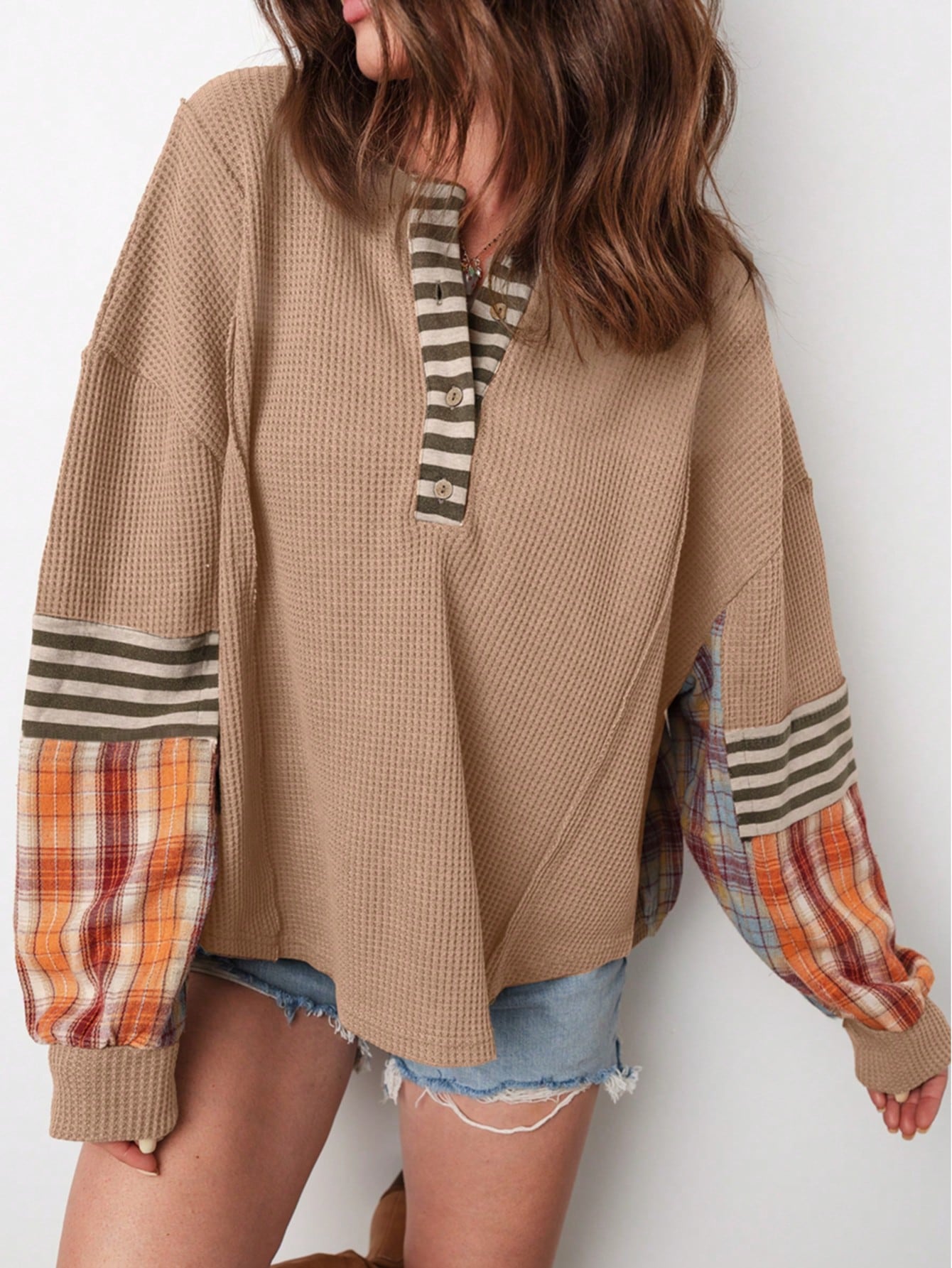Boho Retro Vintage 90's Stripe Cotton Drop Shoulder Over Size V Neck Rugby  Preppy Shirt  Top Pullover Sweater
