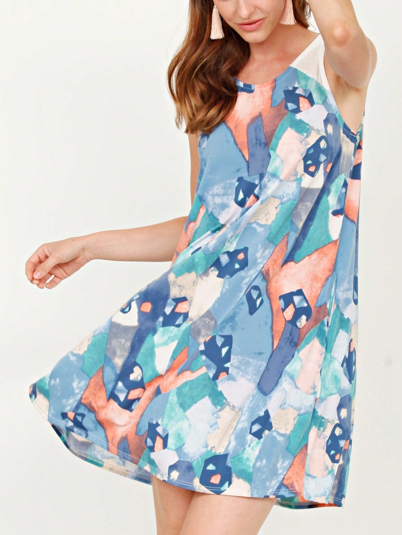 Boho Retro Tiered Front Tie Bow Polka Dot Dress Pink Blue Puff Sleeves