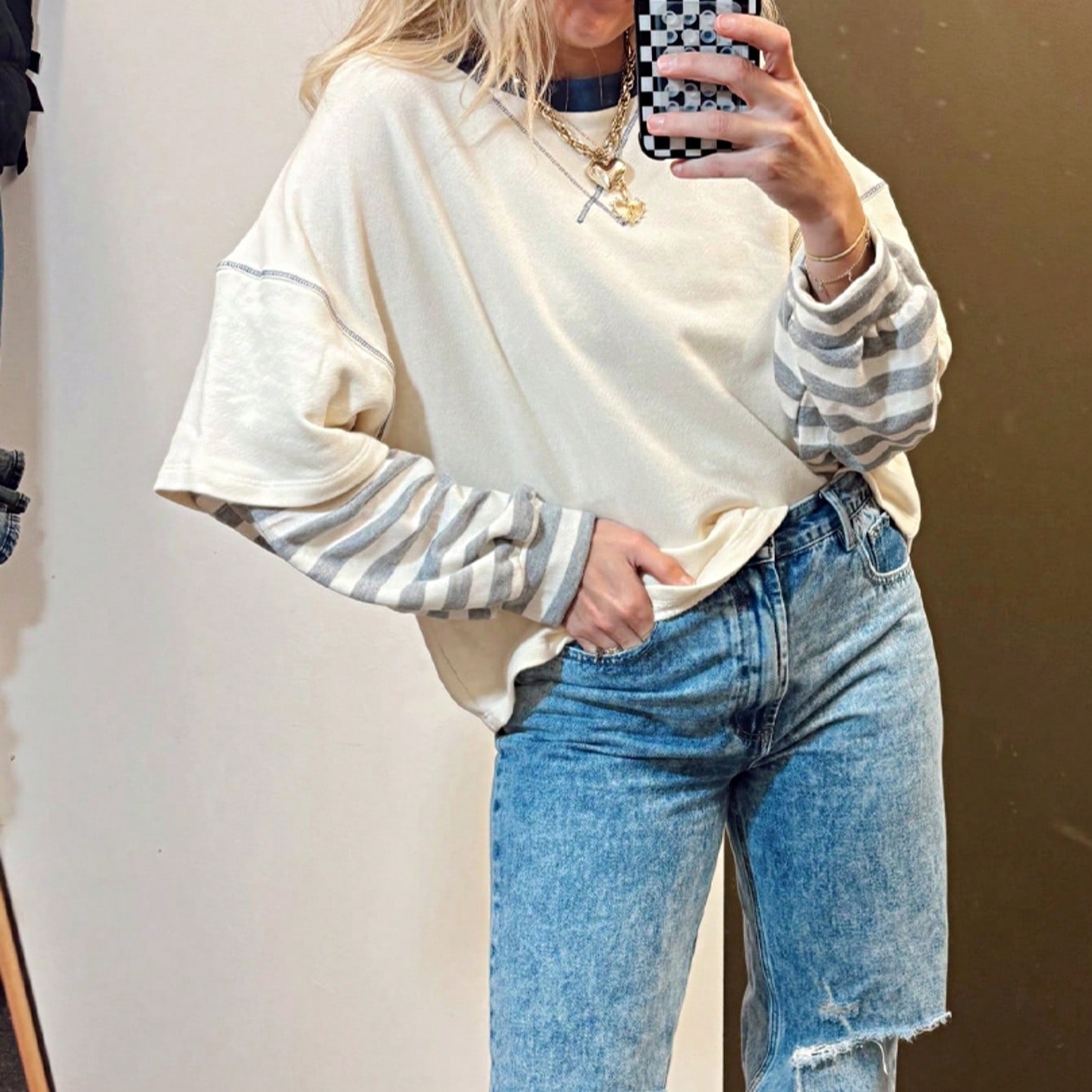 Boho Retro Vintage 90's Stripe Cotton Drop Shoulder Over Size V Neck Rugby  Preppy Shirt  Top Pullover Sweater