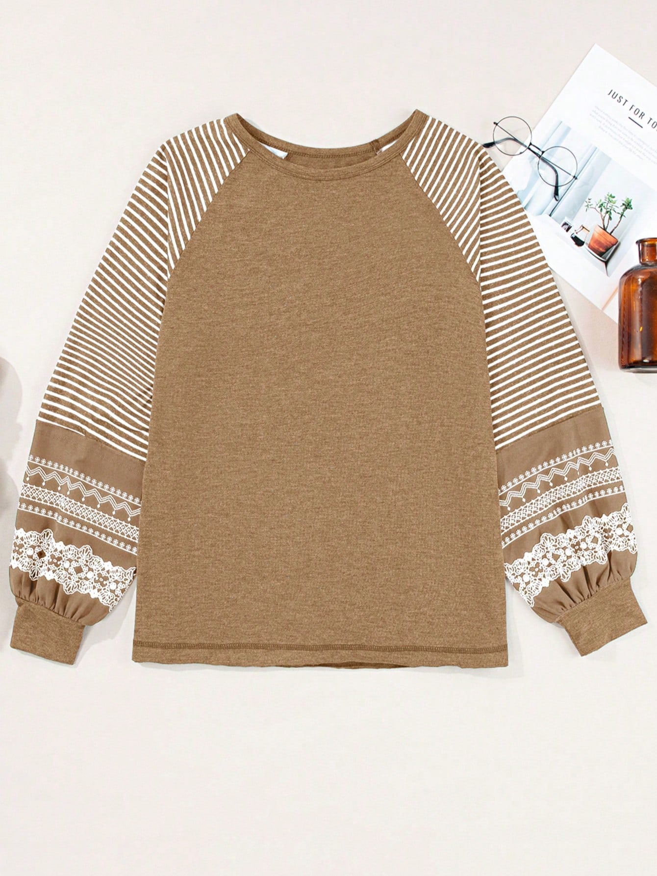 Boho Retro Dolman 60's Color Block Lace Color Block Lantern Sleeve Style Viscose Mixed Long Sleeve Shirt Top Small To 2XL Plus