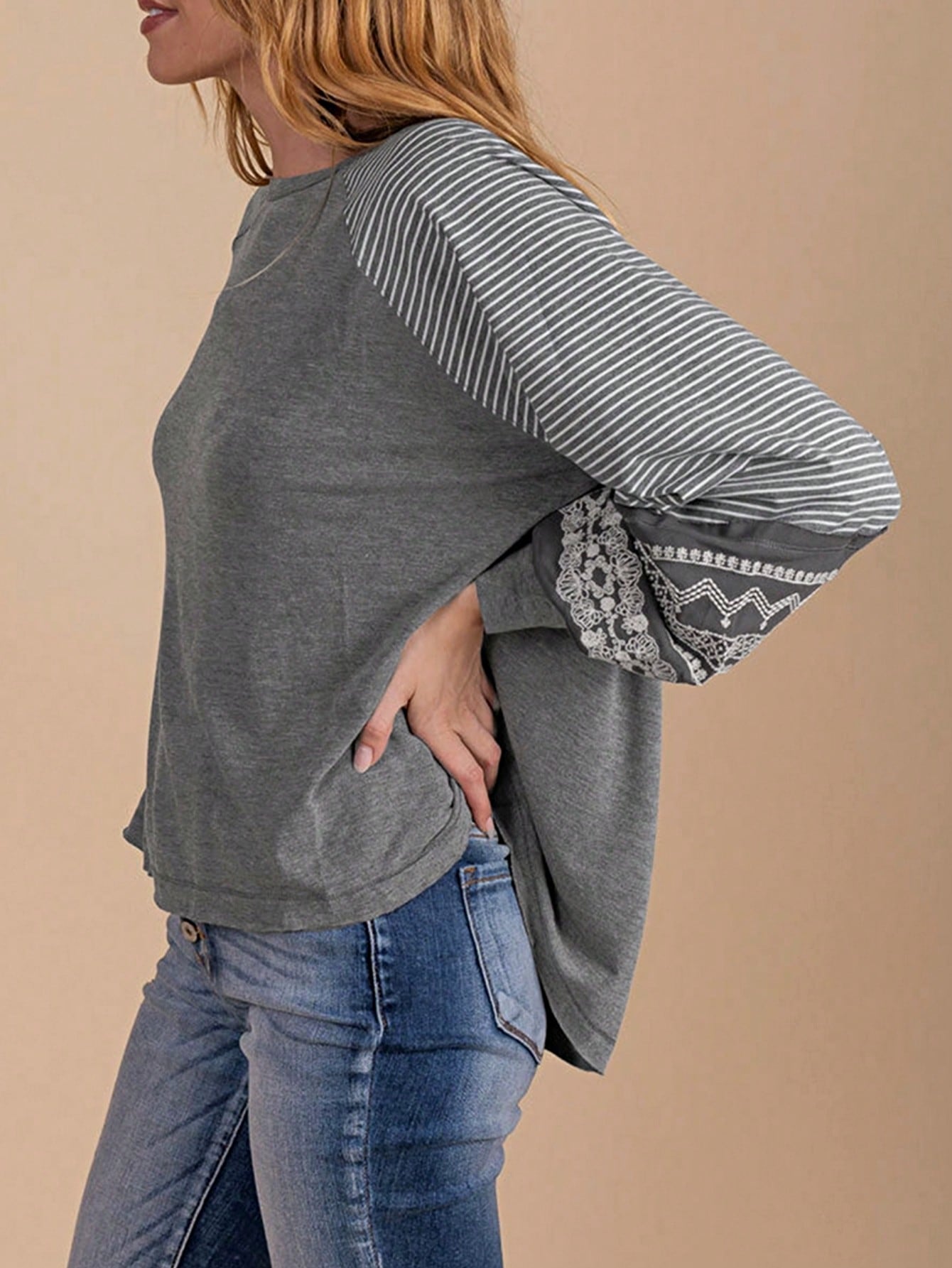 Boho Retro Dolman 60's Color Block Lace Color Block Lantern Sleeve Style Viscose Mixed Long Sleeve Shirt Top Small To 2XL Plus
