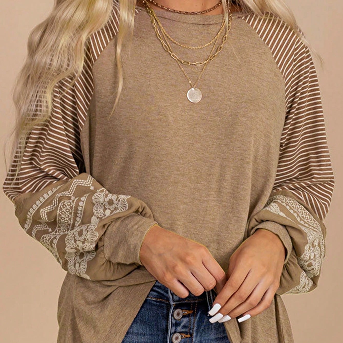 Boho Retro Dolman 60's Color Block Lace Color Block Lantern Sleeve Style Viscose Mixed Long Sleeve Shirt Top Small To 2XL Plus