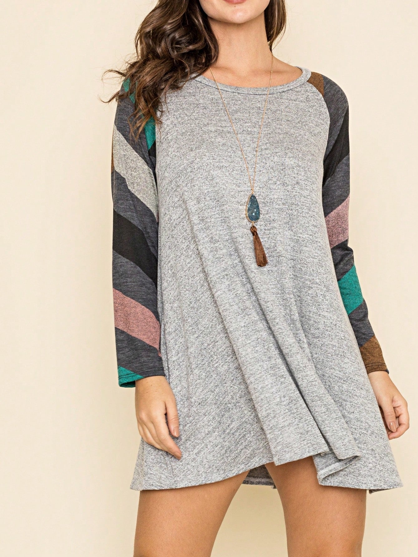Boho Retro Classic Cap Sleeve Raglan Contrast  Stripe Green Red Navy Pink Grey Tunic Dress