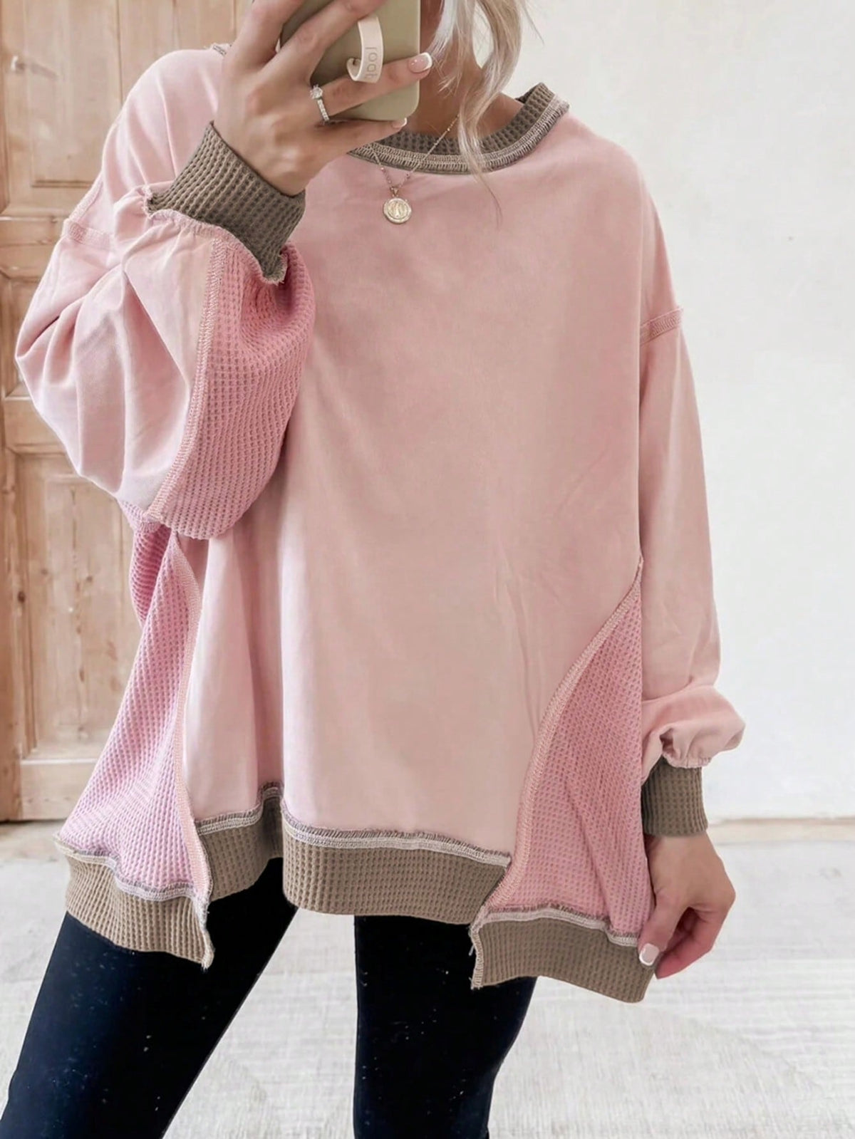 Boho Retro 90's Cotton Solid Patch Oversized Textured Knit Top Sweat Shirt Pullover