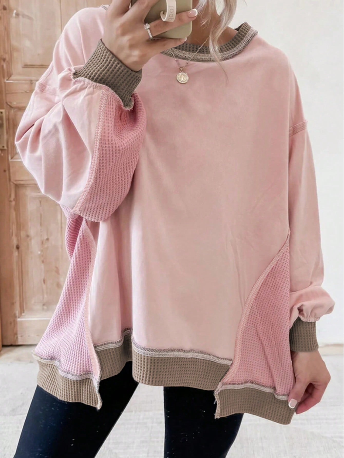 Boho Retro 90's Cotton Solid Patch Oversized Textured Knit Top Sweat Shirt Pullover