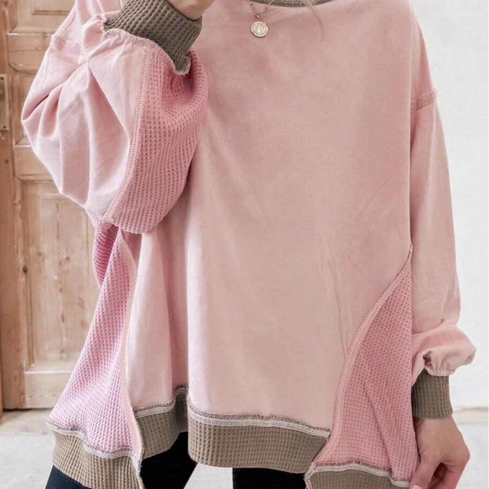 Boho Retro 90's Cotton Solid Patch Oversized Textured Knit Top Sweat Shirt Pullover