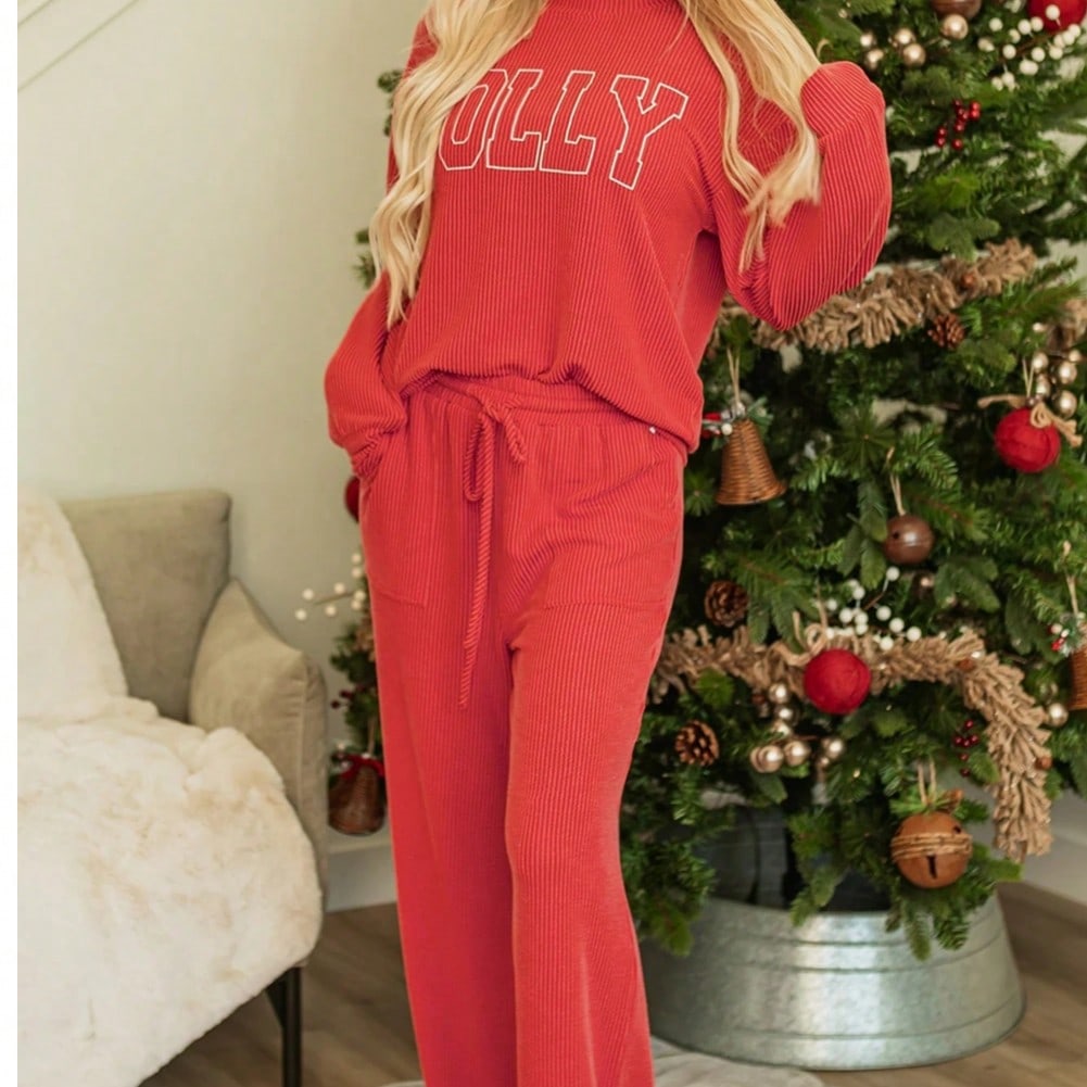 Boho Retro 60's Viscose Ribbed Knit Drop Shoulder Dolman V Neck Top & Pants Loungewear Set