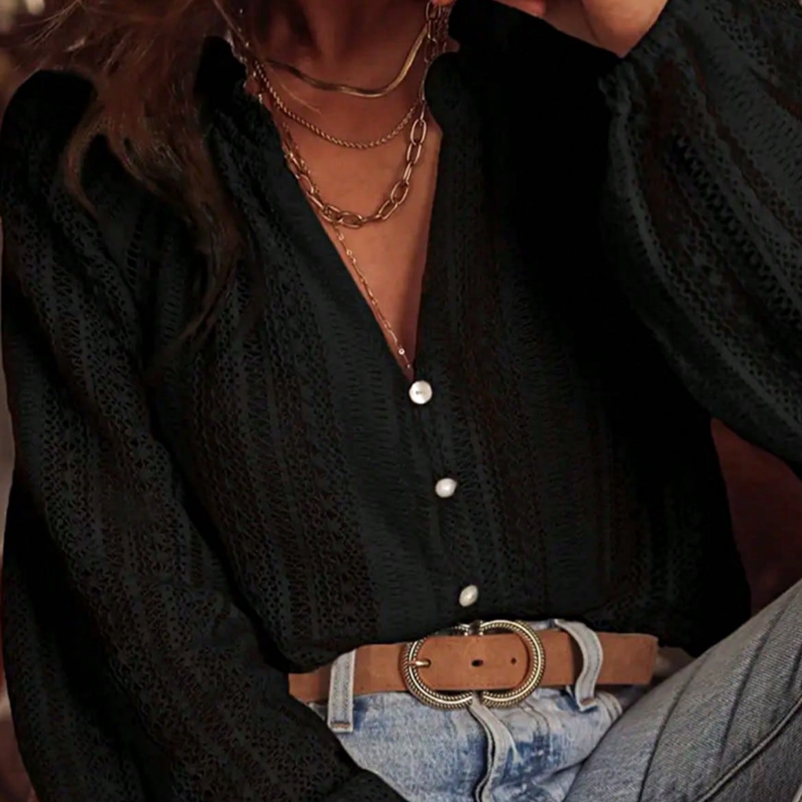 Boho Retro Cotton 90's Crochet V Neck Lace Loose Knit  Button Top Shirt Blouse