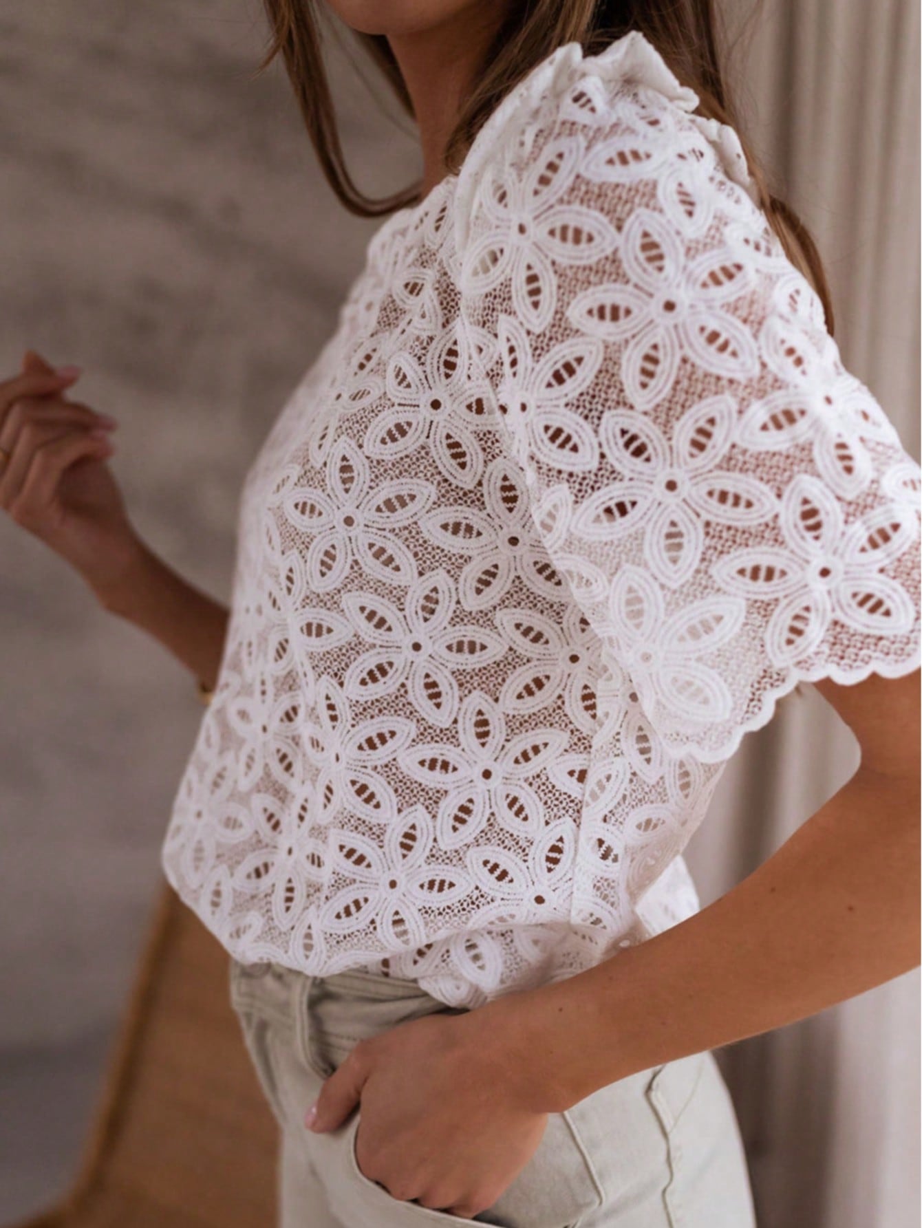 Boho Retro Cotton 90's Crochet V Neck Lace Loose Knit  Button Top Shirt Blouse