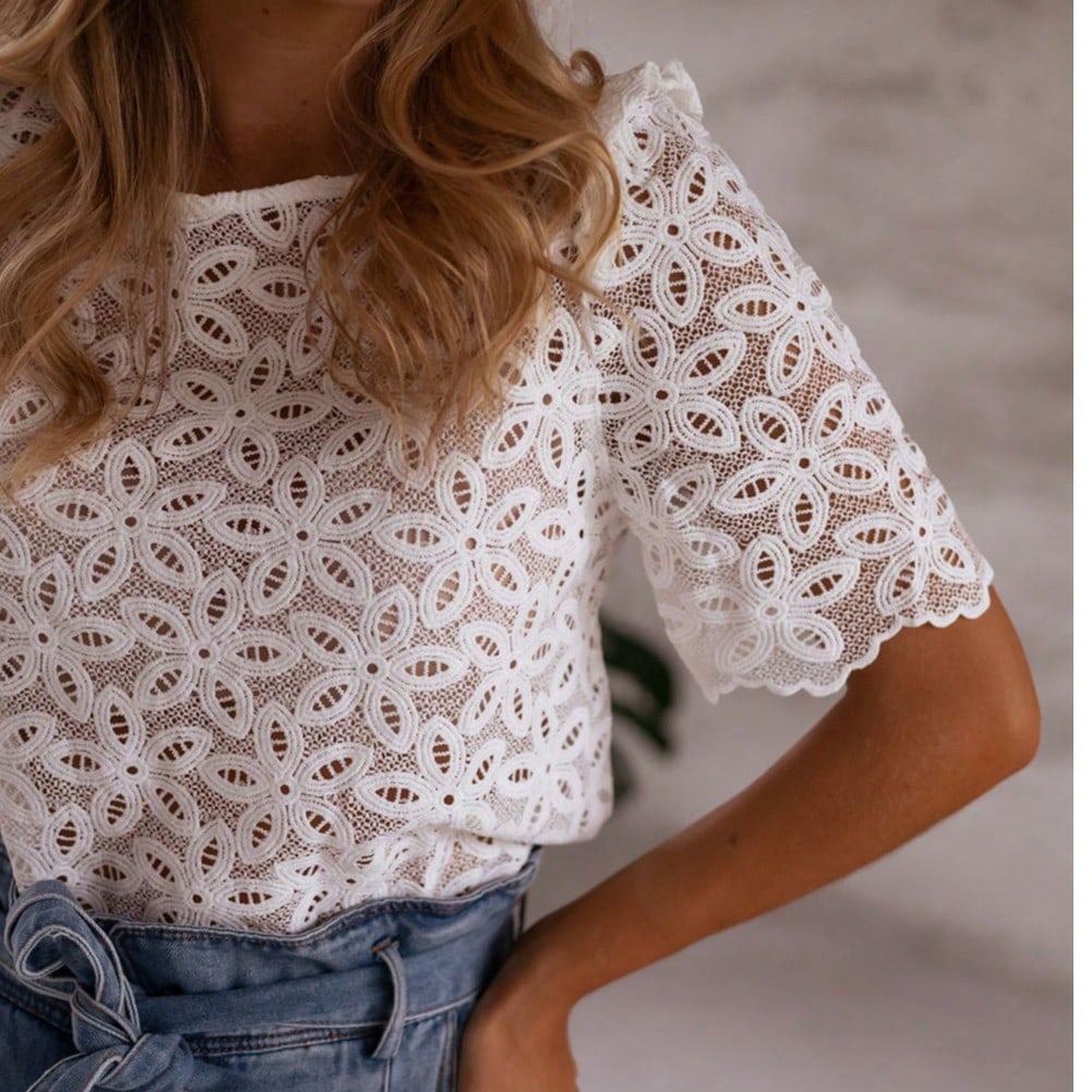 Boho Retro Cotton 90's Crochet V Neck Lace Loose Knit  Button Top Shirt Blouse
