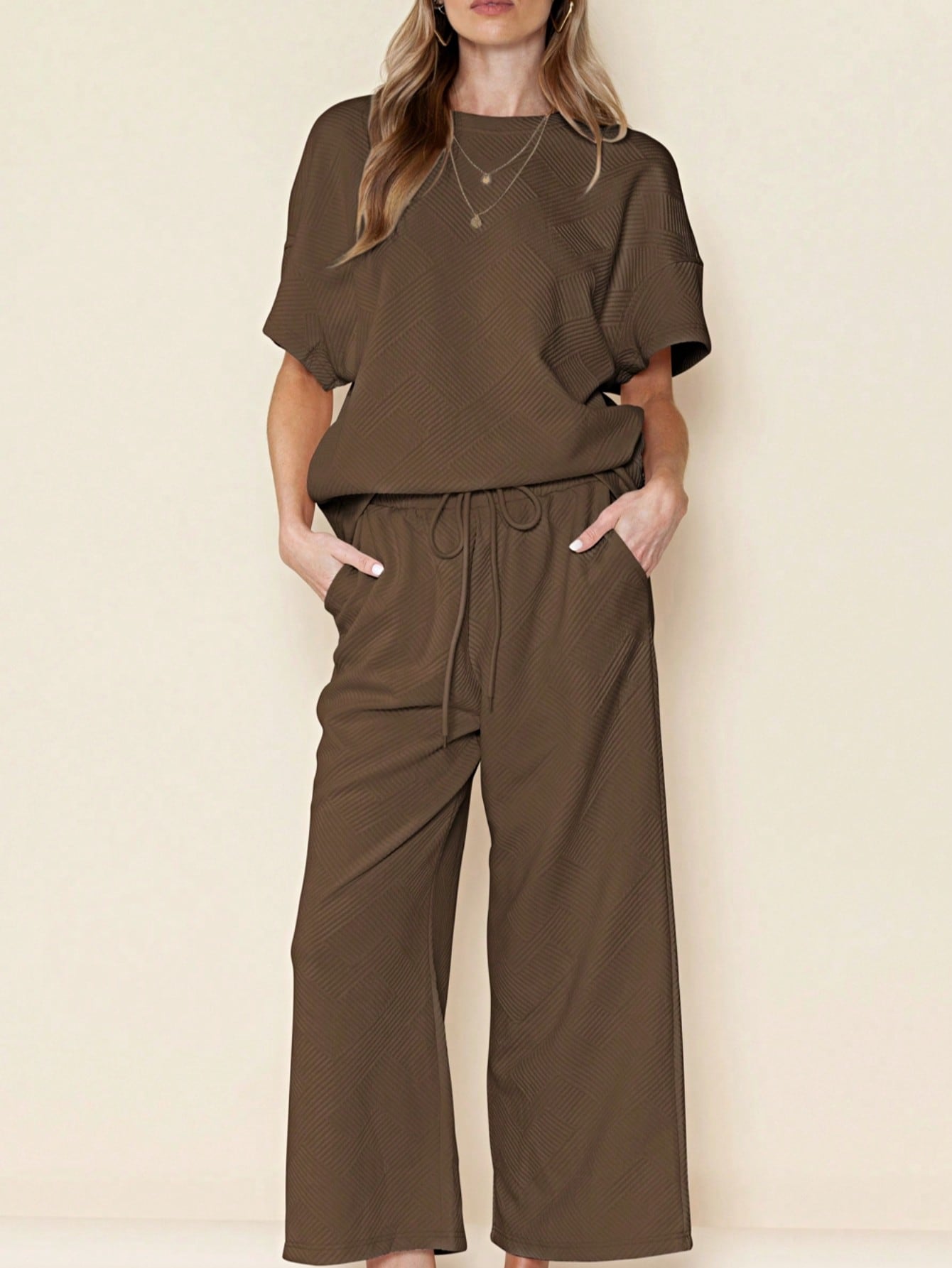 Boho Retro 60's Viscose Ribbed Knit Drop Shoulder Dolman V Neck Top & Pants Loungewear Set