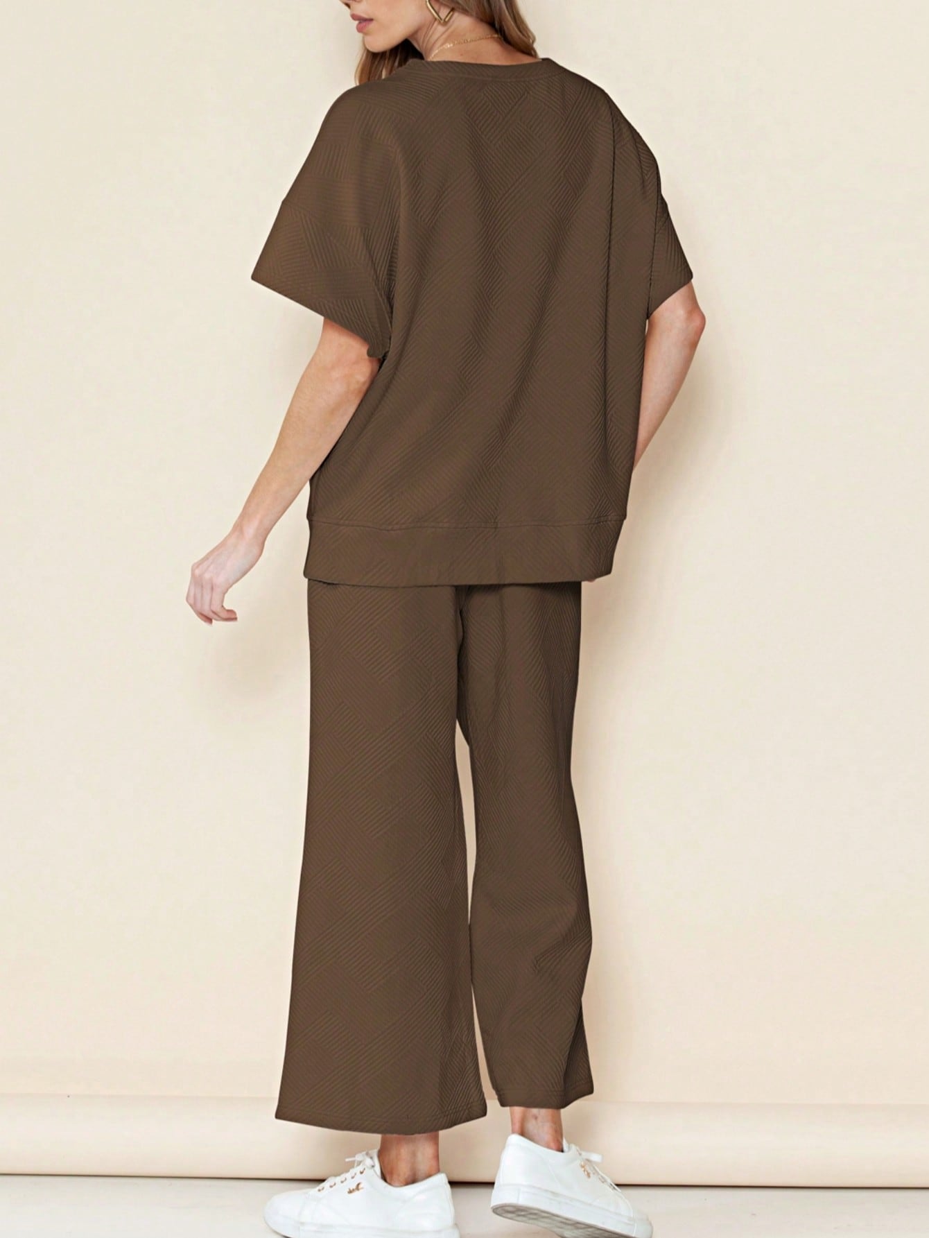 Boho Retro 60's Viscose Ribbed Knit Drop Shoulder Dolman V Neck Top & Pants Loungewear Set