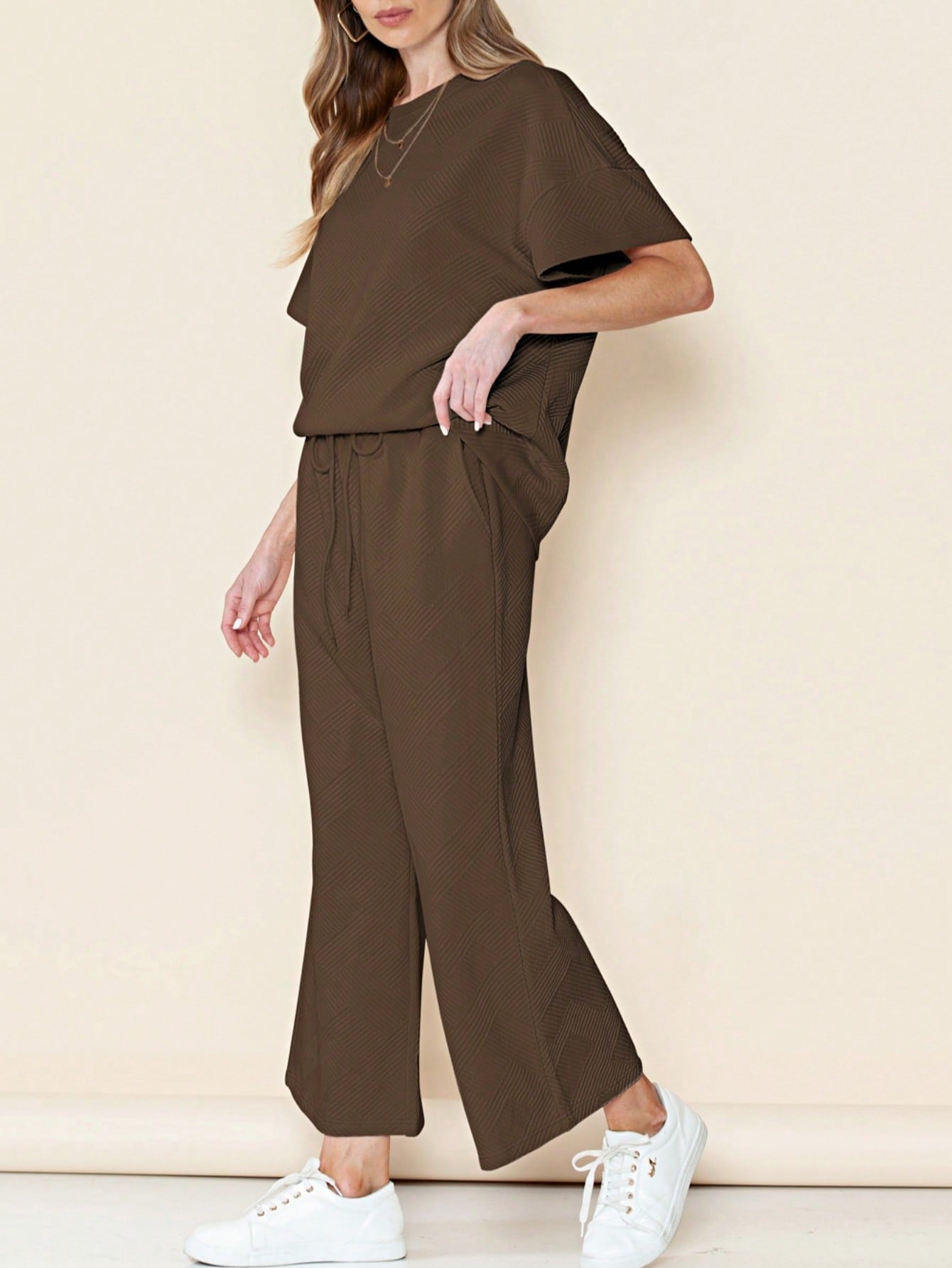 Boho Retro 60's Viscose Ribbed Knit Drop Shoulder Dolman V Neck Top & Pants Loungewear Set