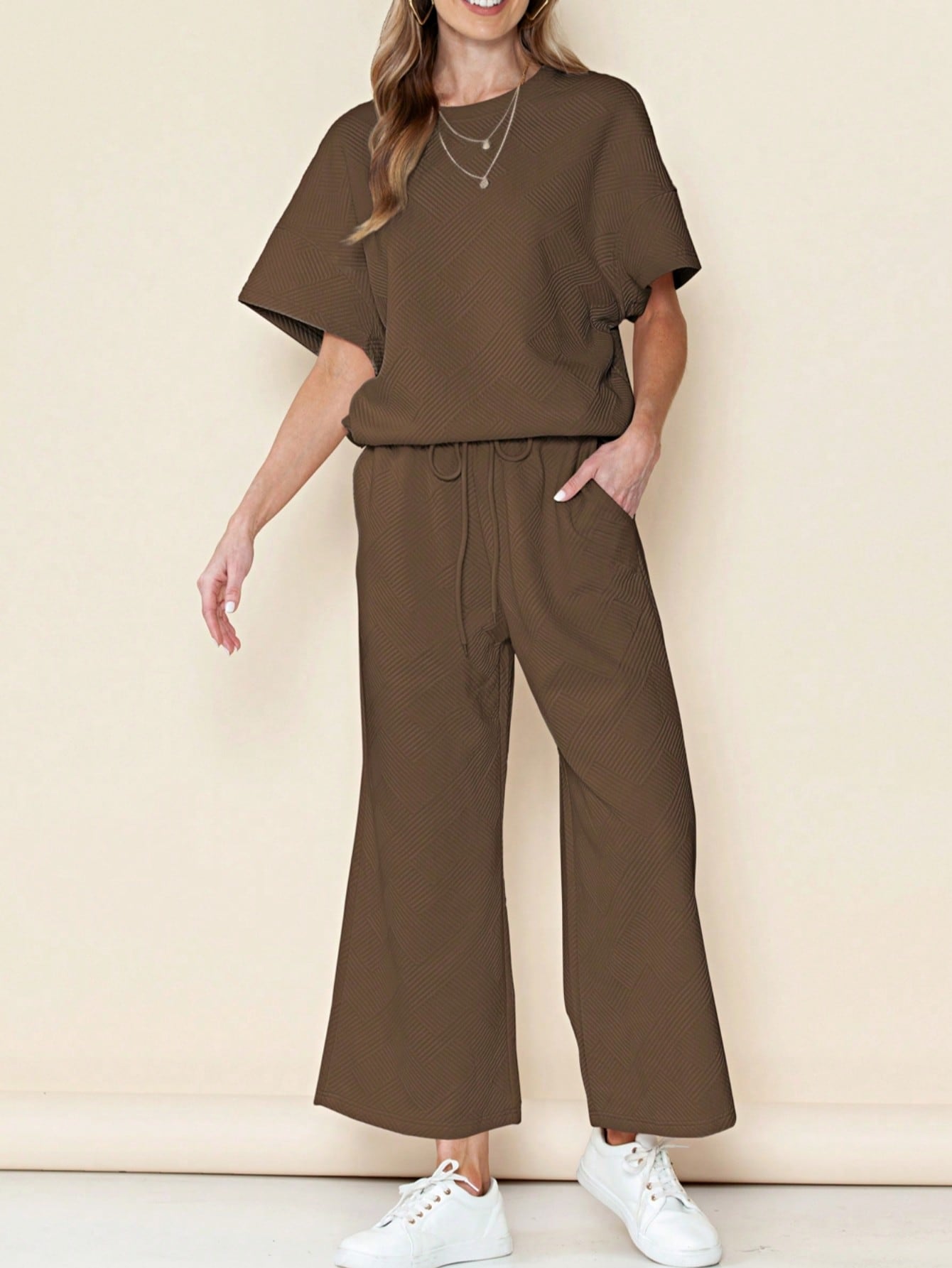 Boho Retro 60's Viscose Ribbed Knit Drop Shoulder Dolman V Neck Top & Pants Loungewear Set