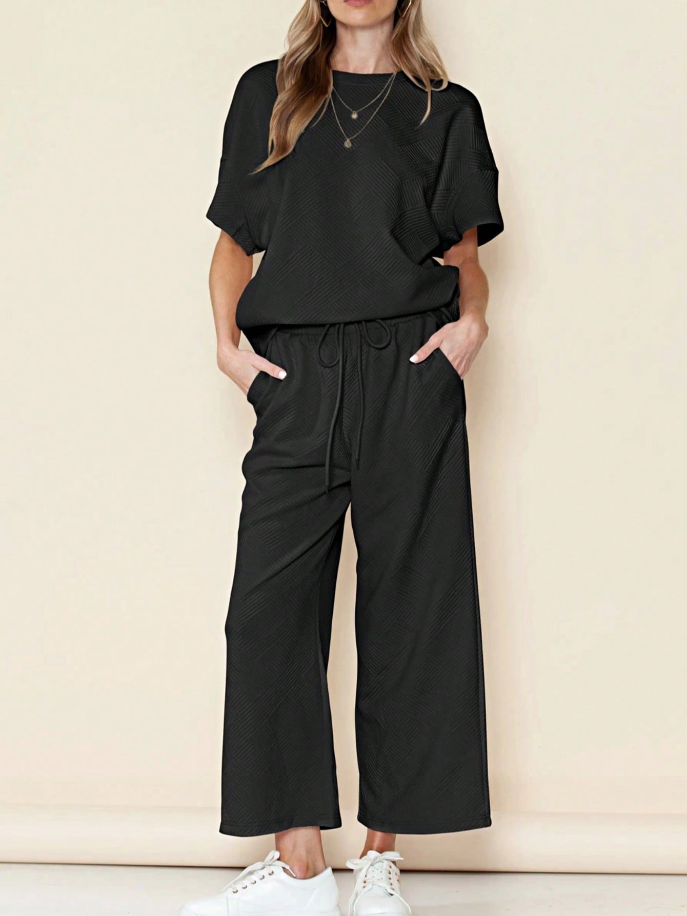 Boho Retro 60's Viscose Ribbed Knit Drop Shoulder Dolman V Neck Top & Pants Loungewear Set