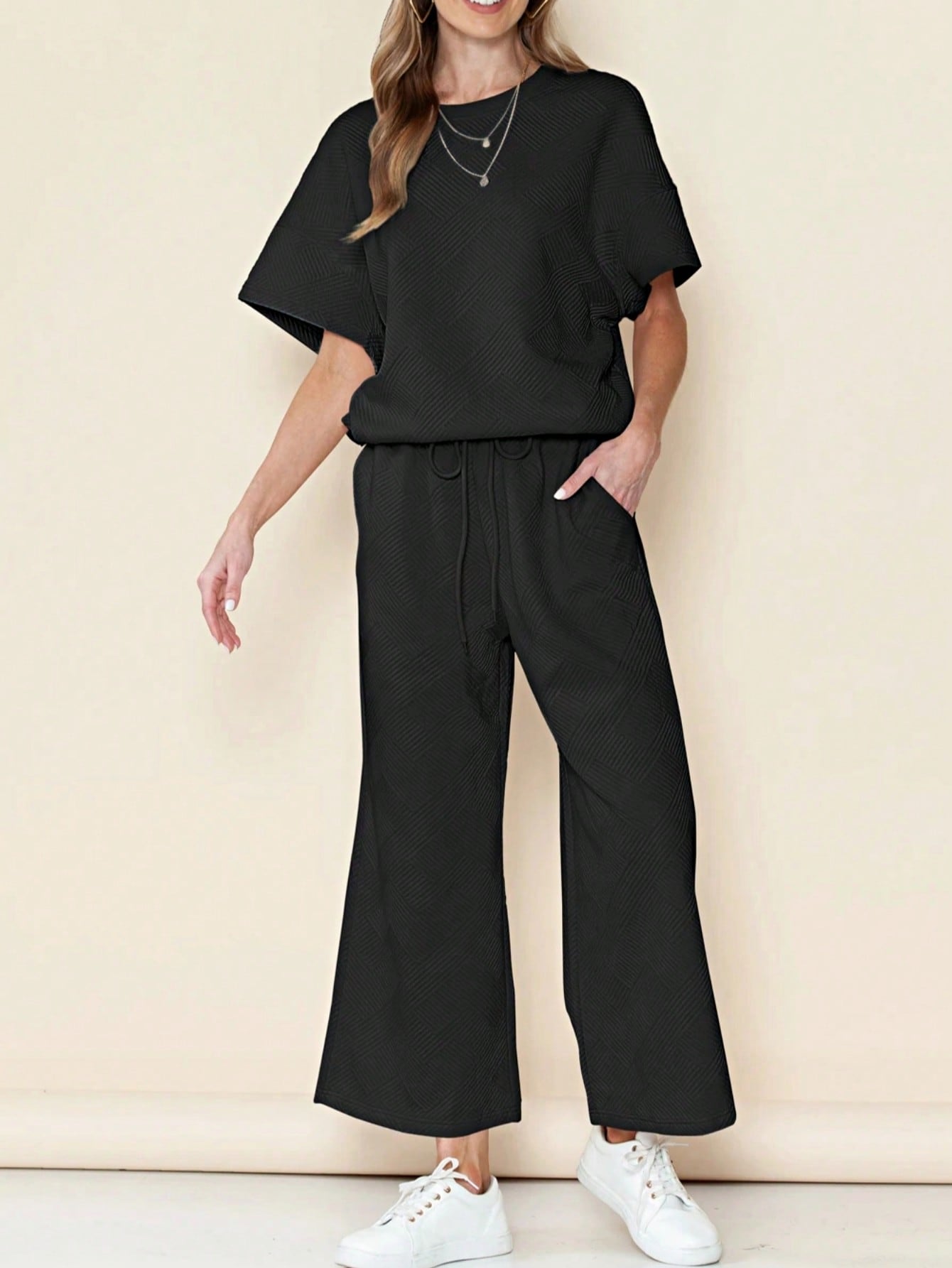 Boho Retro 60's Viscose Ribbed Knit Drop Shoulder Dolman V Neck Top & Pants Loungewear Set
